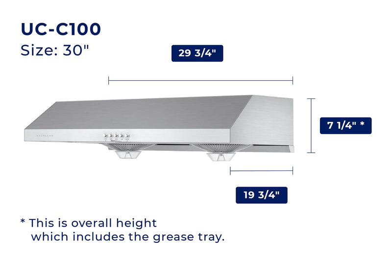 Hauslane 30-Inch Under Cabinet Push Button Range Hood with Grease Catchers in Stainless Steel (UC-C100SS-30)