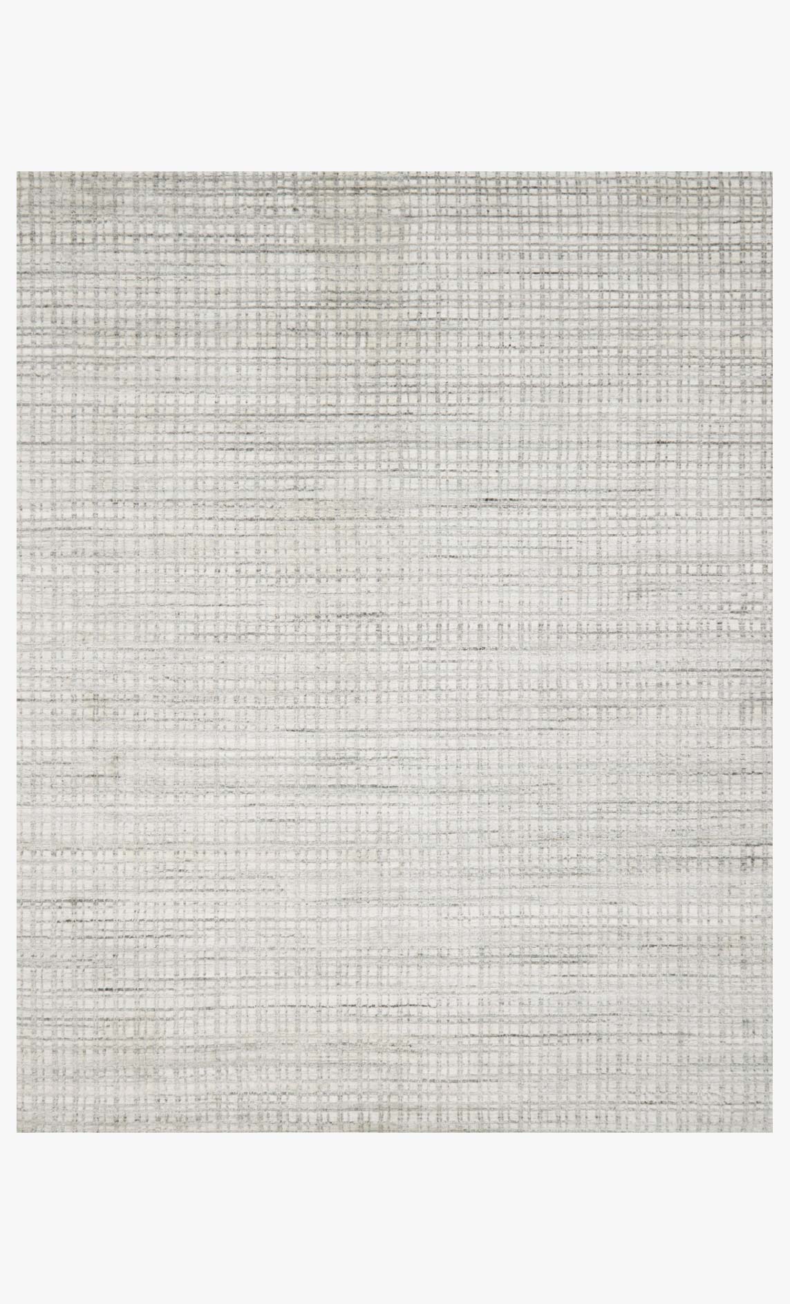 Silver transitional hand-loomed rug with light gray grid pattern and subtle border