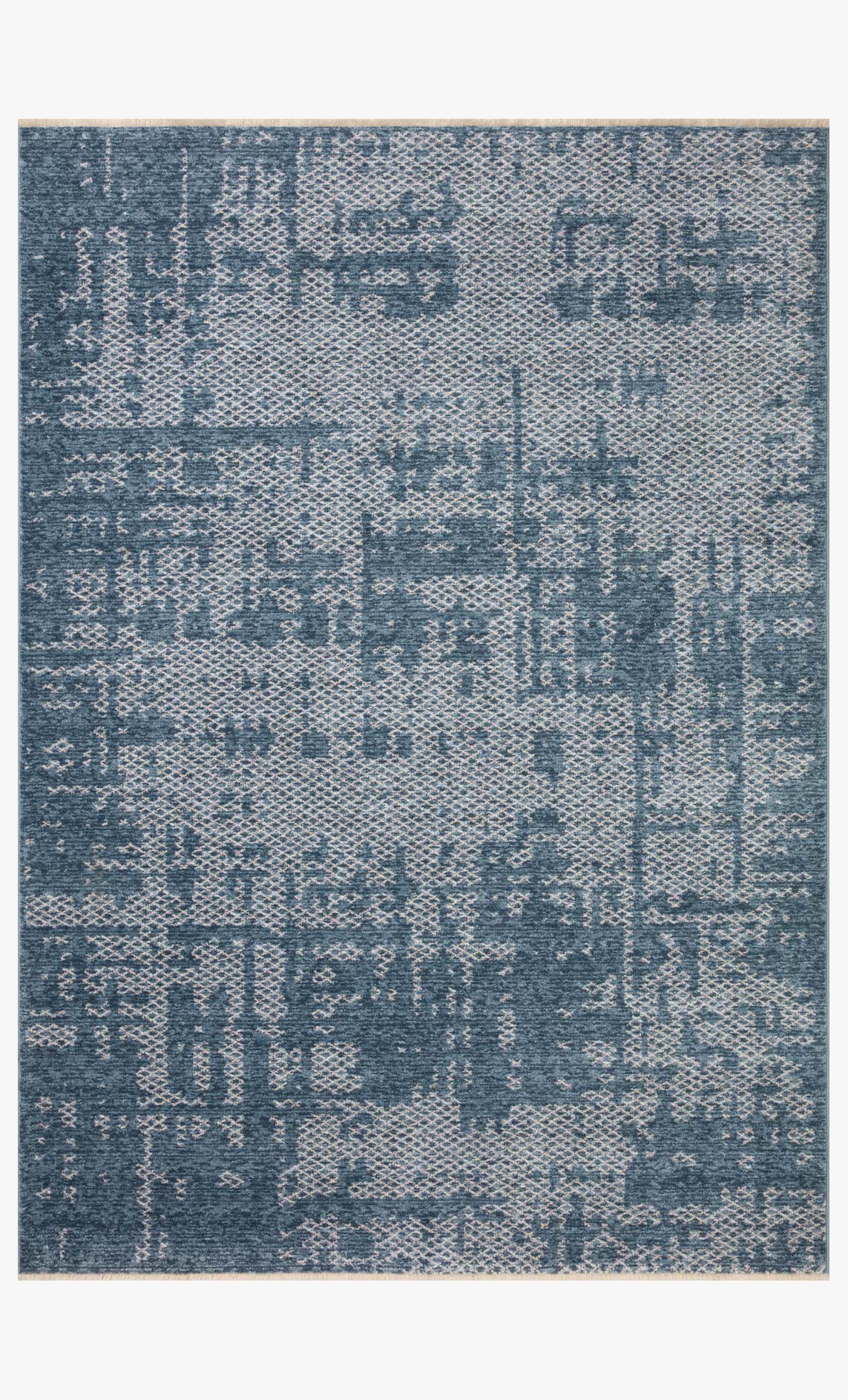 Denim blue power-loomed rug with abstract dove geometric pattern and border edging