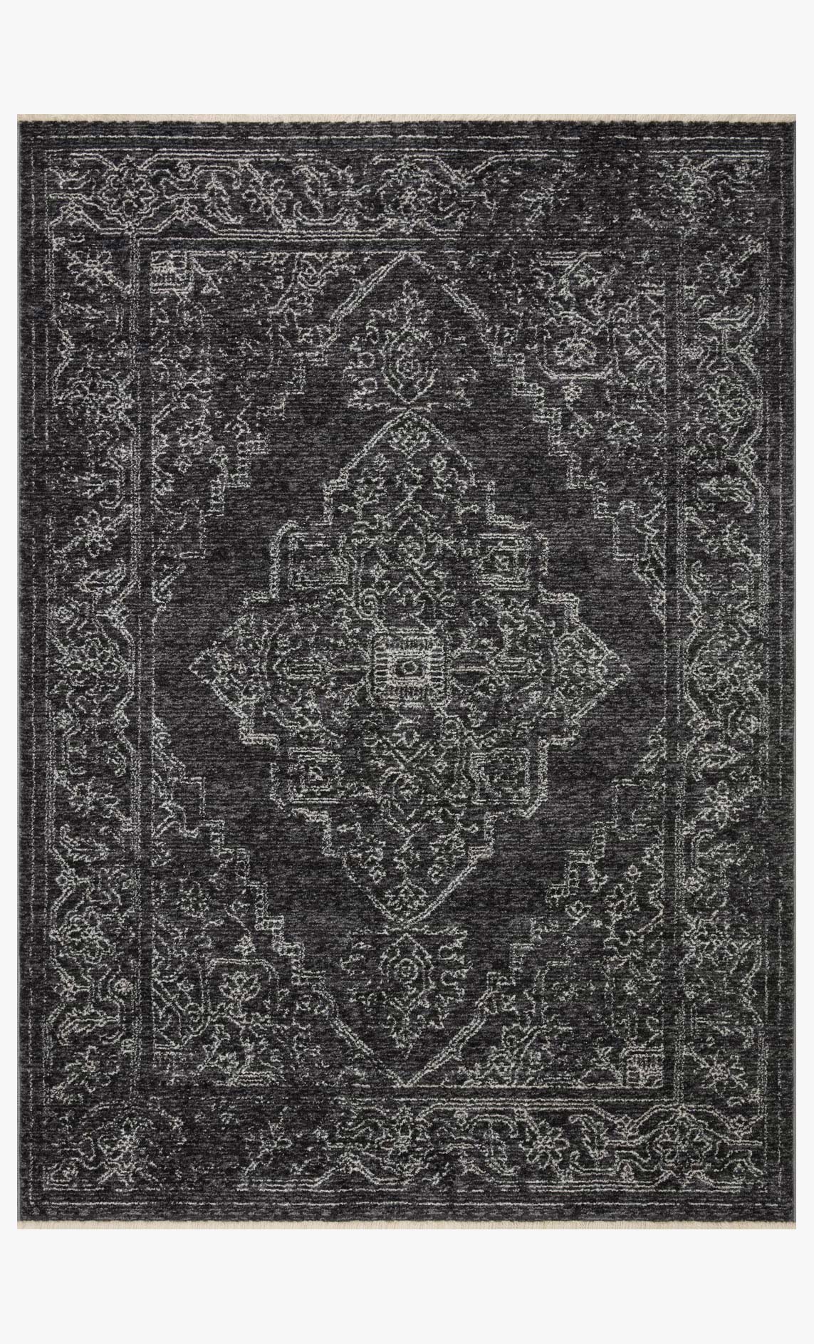 Traditional power-loomed rug with dark charcoal field and light dove geometric medallion pattern.