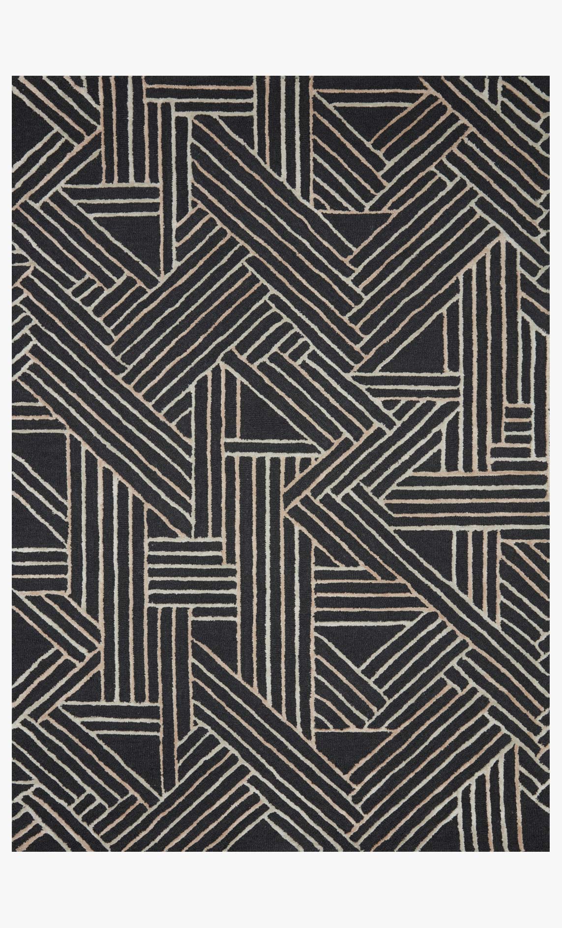 Charcoal hand-tufted rug with geometric lines and blocks in neutral beige