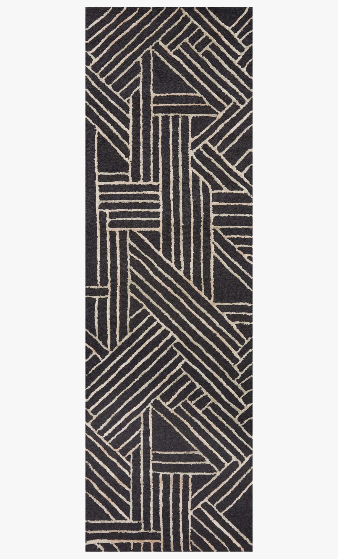 Narrow vertical hand-tufted rug with maze-like geometric pattern in charcoal and beige