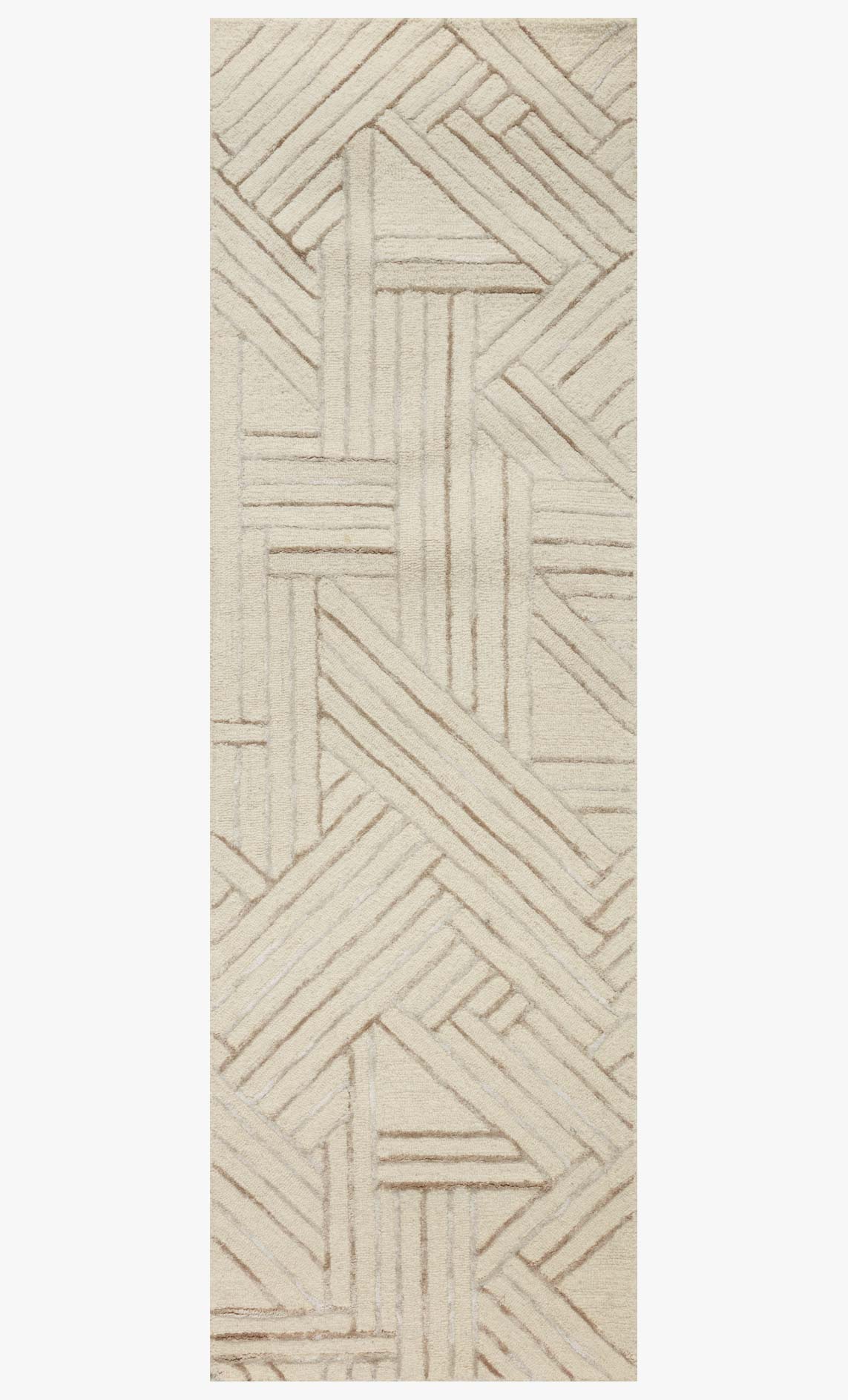 Ivory and oatmeal hand-tufted rug with vertical geometric motif and border