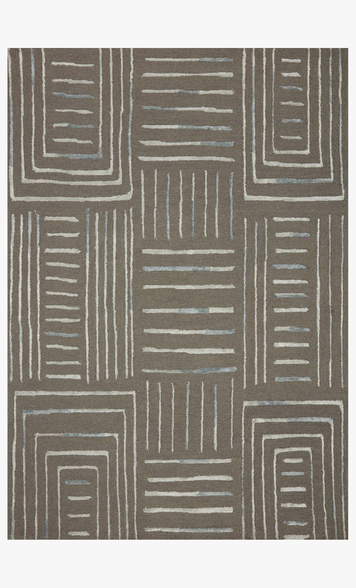 Grey and mist hand-tufted rug with geometric line square pattern