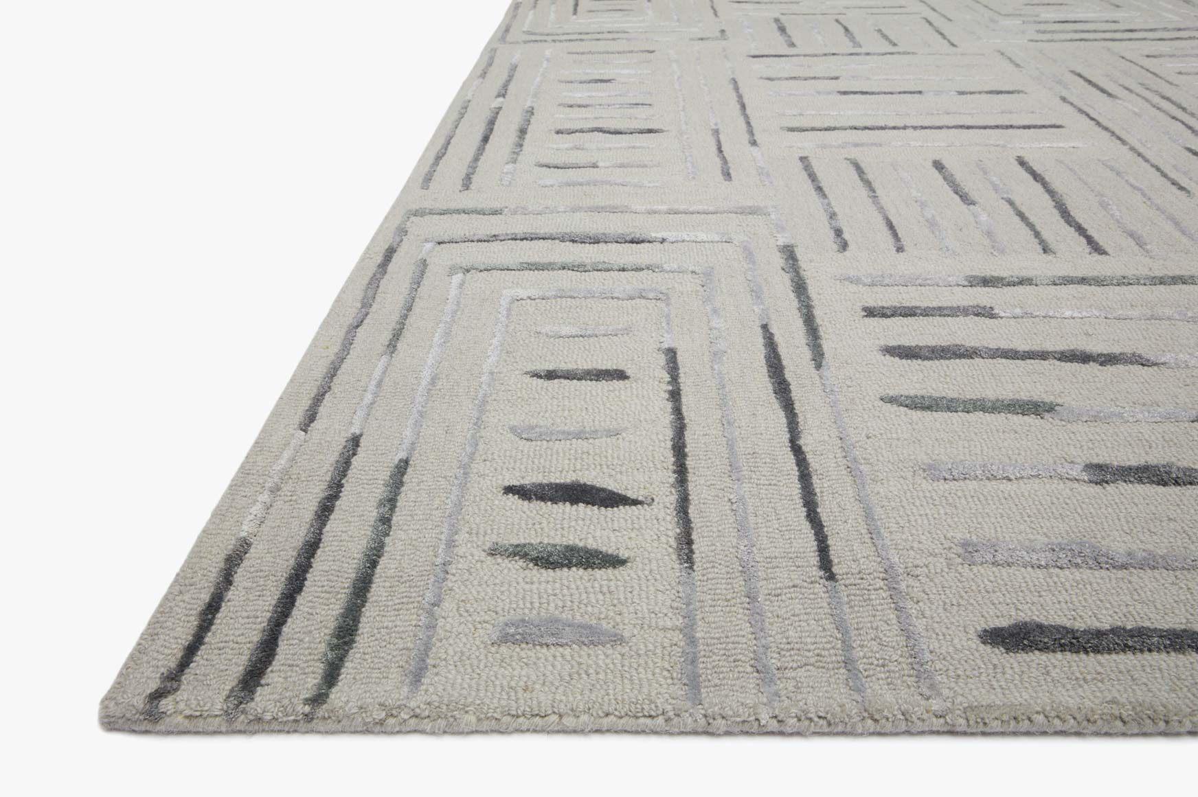 Contemporary hand-tufted rug with slate geometric lines on light silver