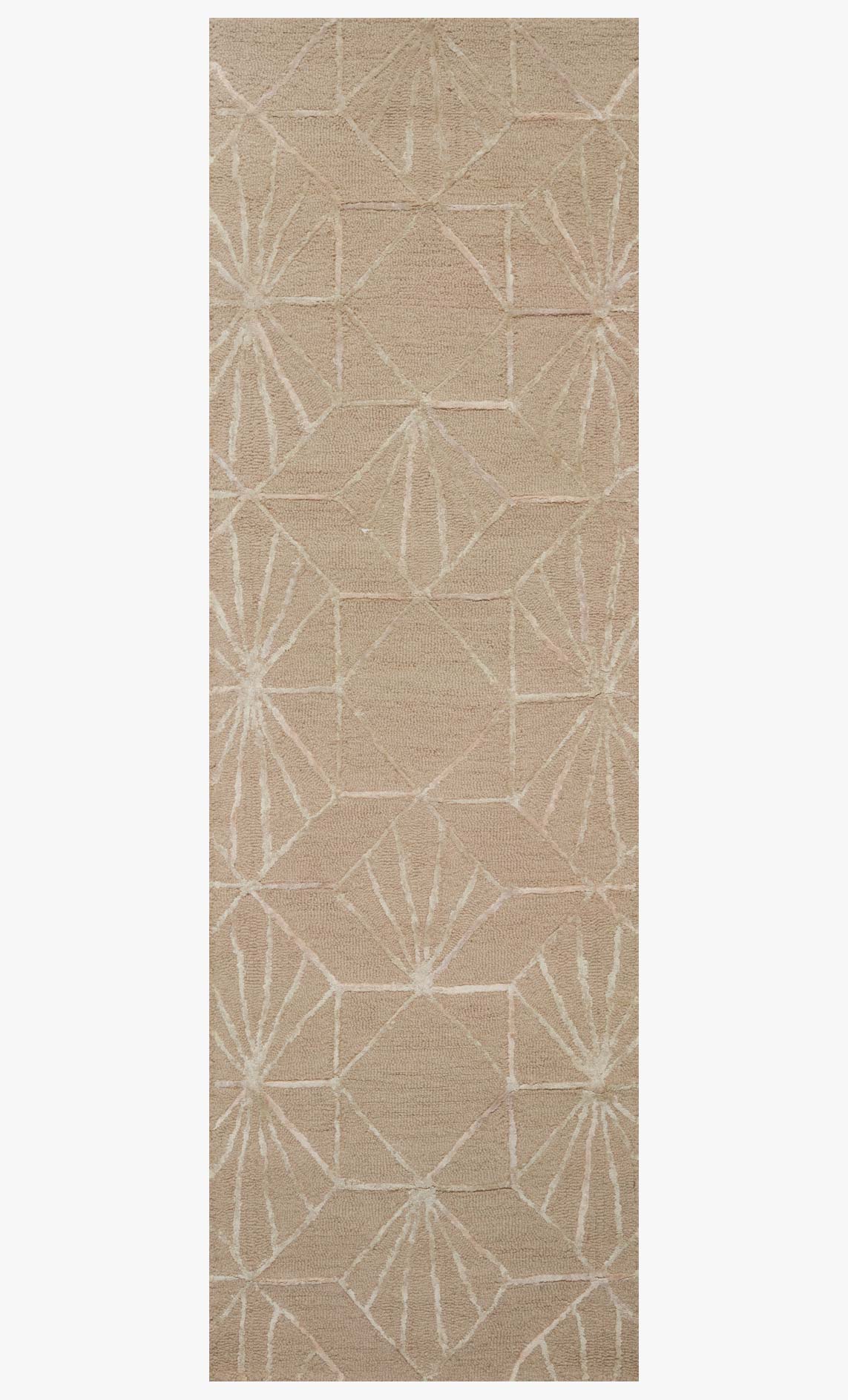 Sand and blush hand-tufted rug with vertical layout and geometric fan motif
