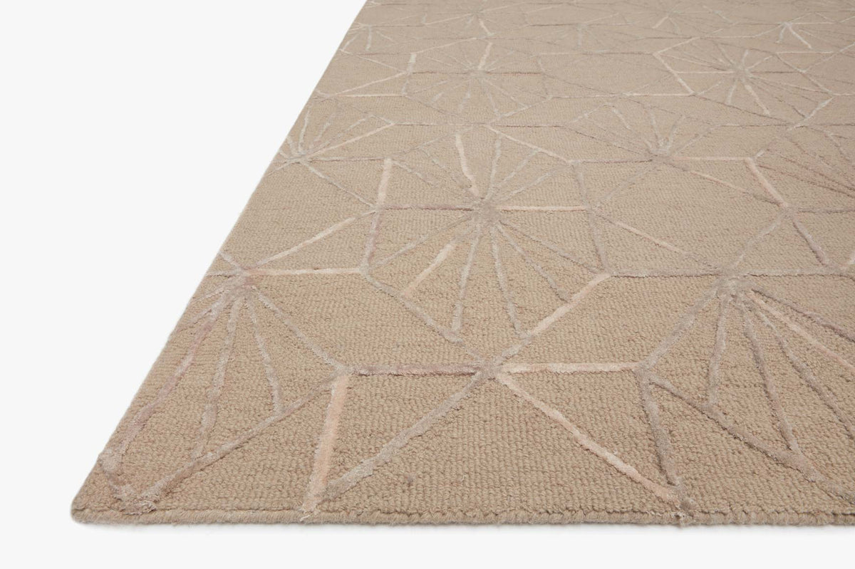 Sand-toned hand-tufted rug corner view with raised geometric line motif