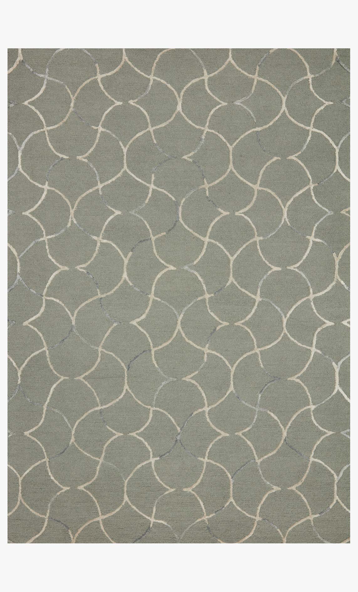 Sage and silver hand-tufted area rug with repeating trellis trefoil pattern