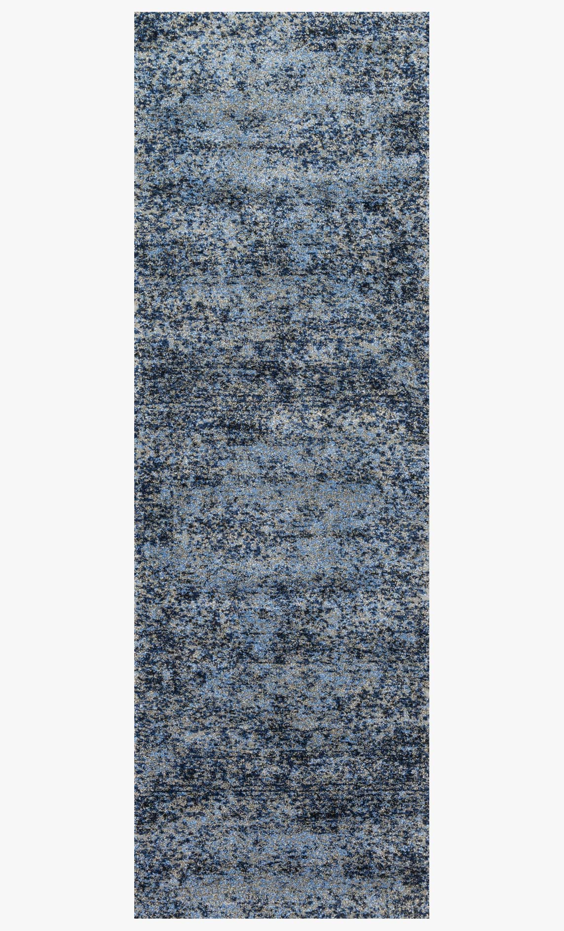 Narrow rectangular light blue and grey speckled rug with abstract striped texture.