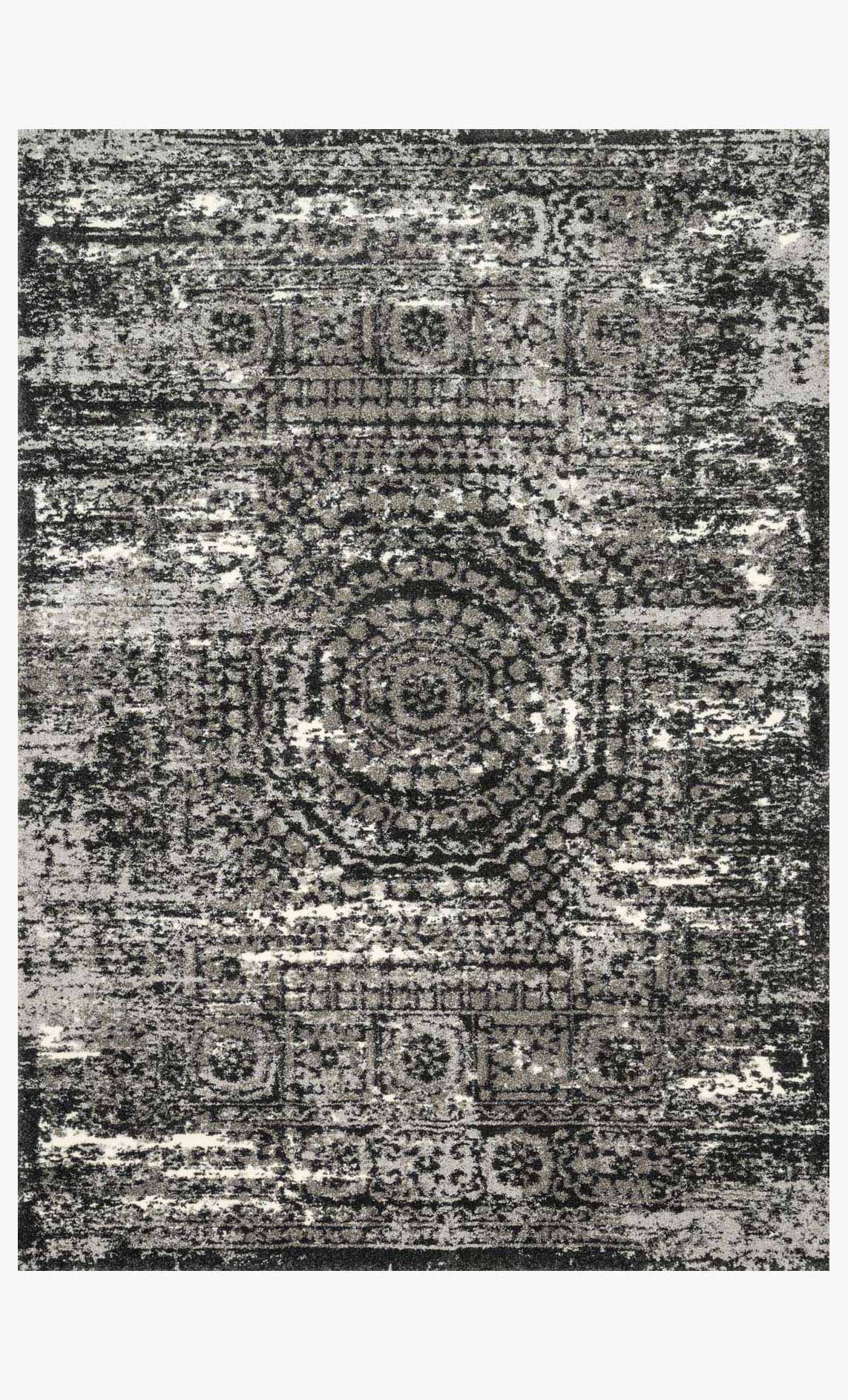Contemporary power loomed rug with distressed medallion pattern, graphite and black