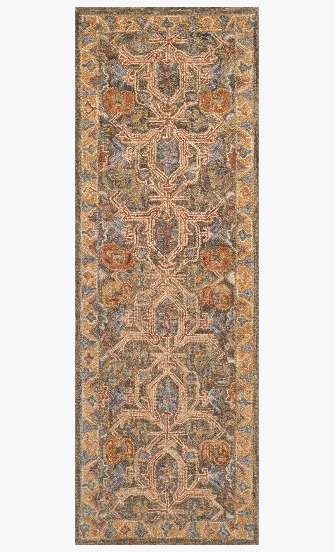 Traditional hooked rug runner with dense geometric lattice pattern, walnut brown and blue-gray