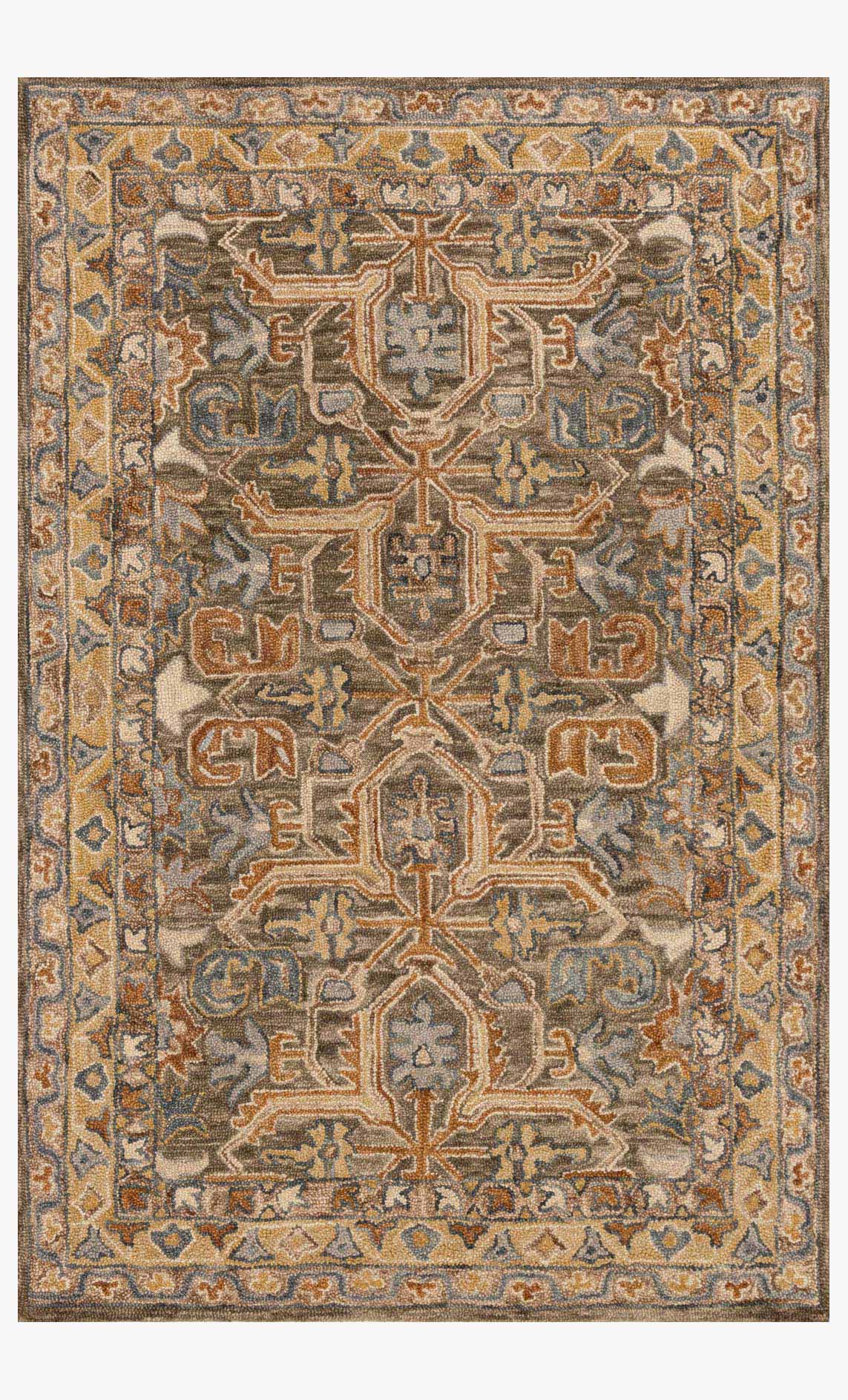 Traditional hooked rug with ornate geometric medallion pattern, walnut brown and teal