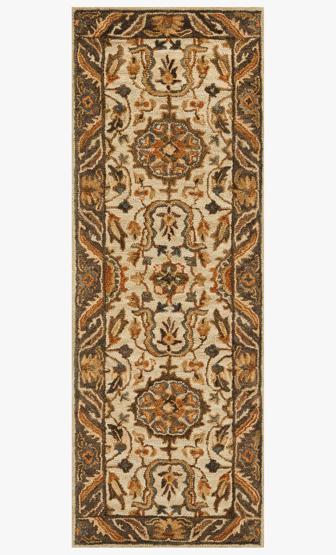 Traditional hooked rug, ivory and dark taupe border with dense ornate pattern.