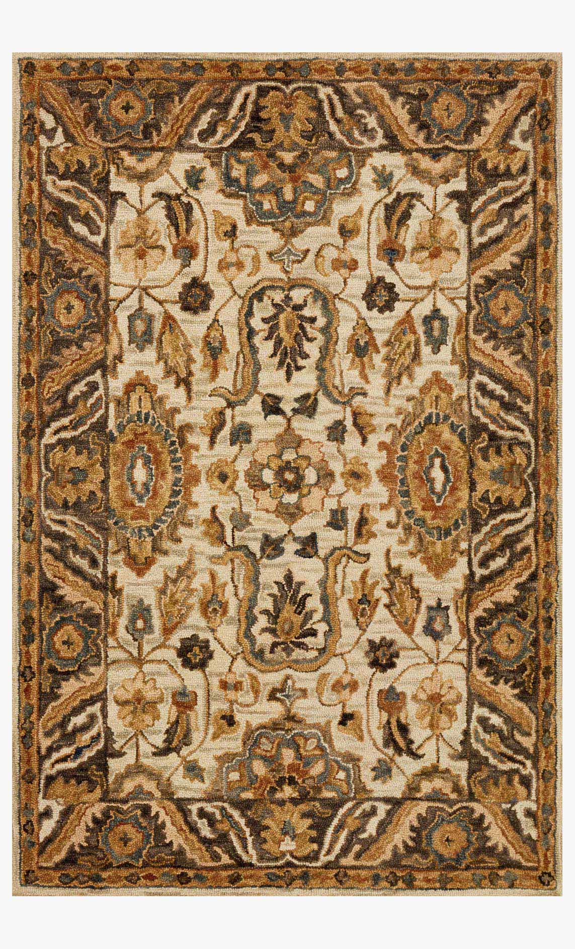 Traditional hooked rug, ivory base with dark taupe and ornate medallion pattern.