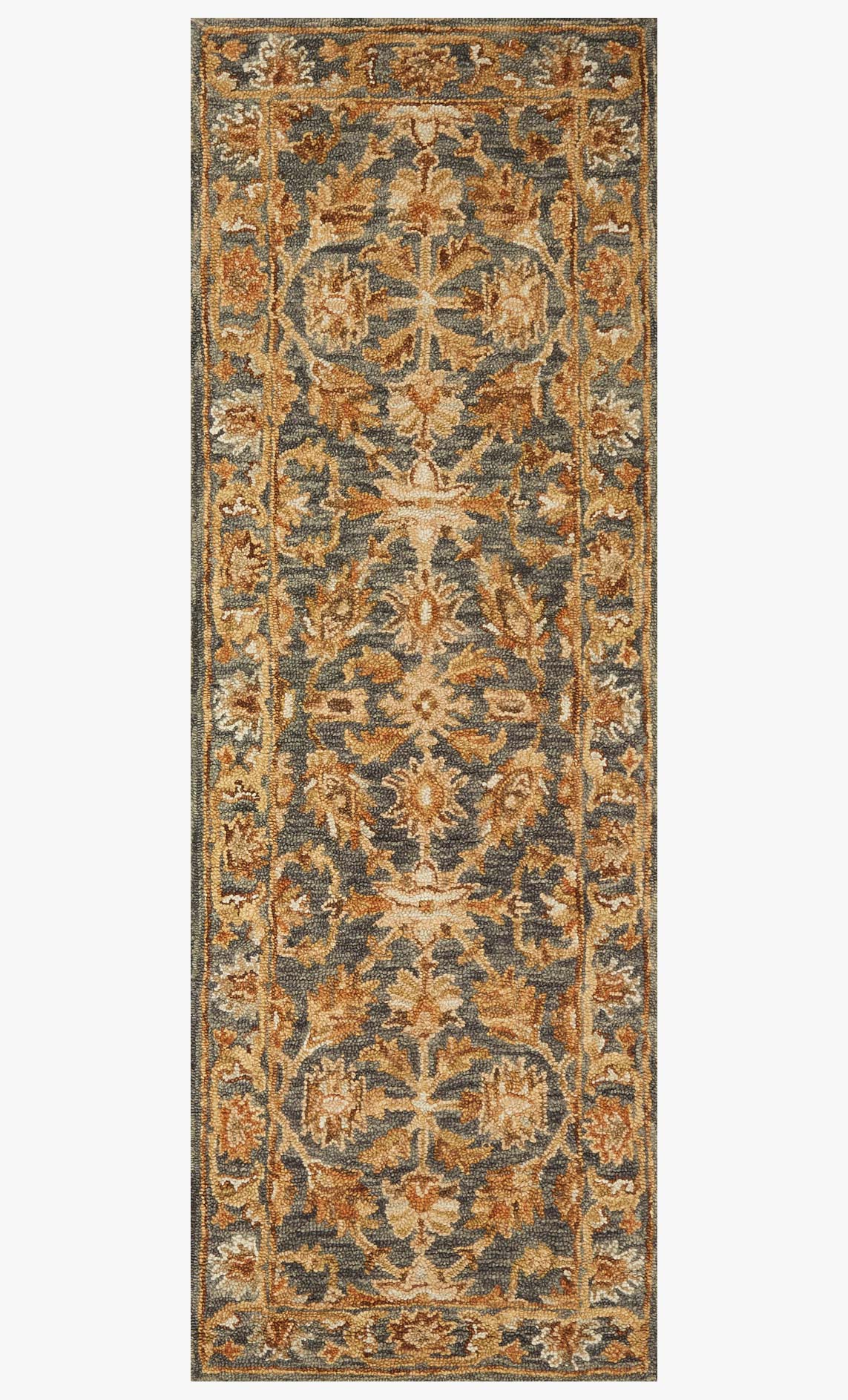 Rectangular traditional hooked rug with ornate slate, rust, and cream floral border