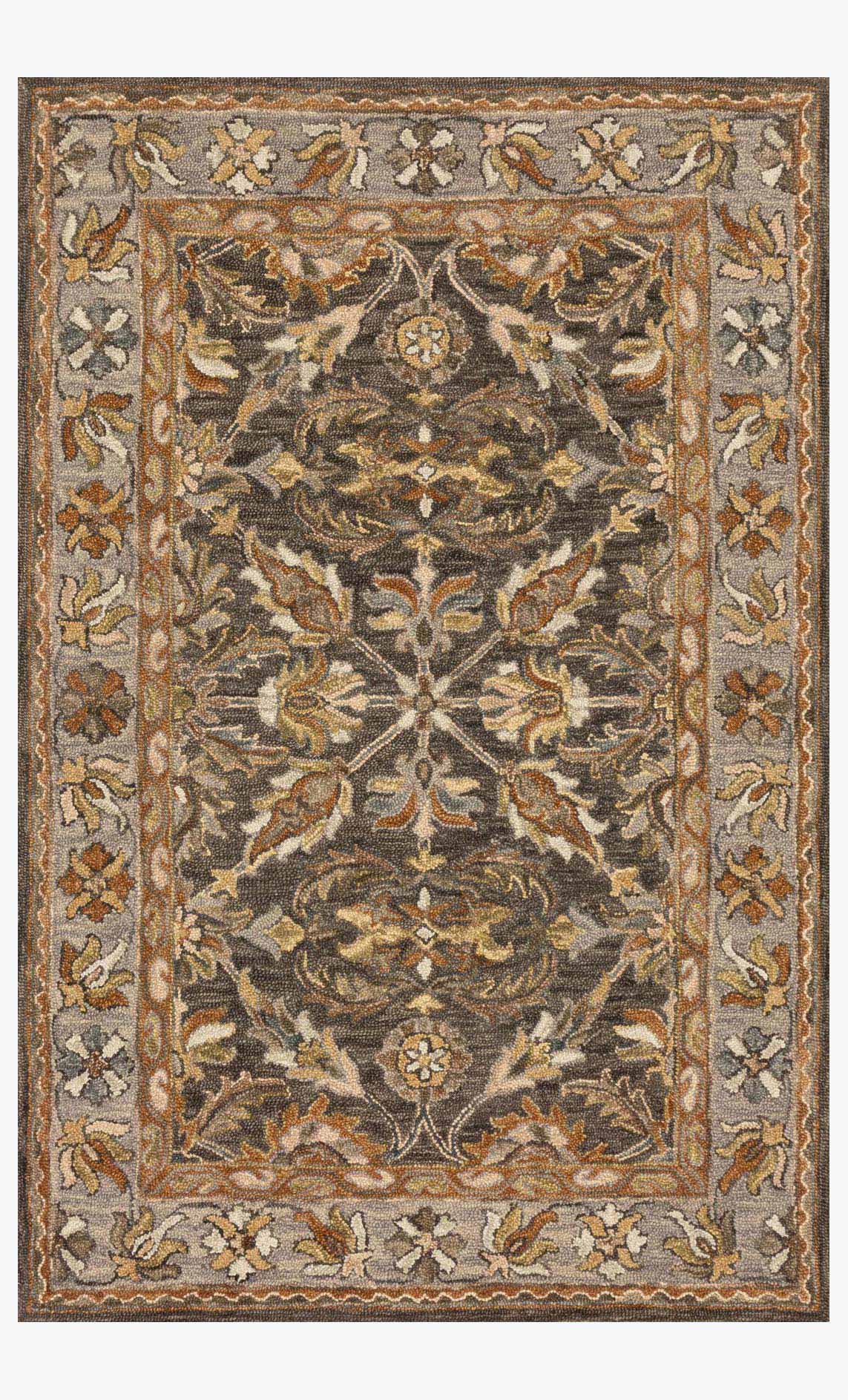 Traditional hooked rug with ornate pattern, dark taupe and gray border and center