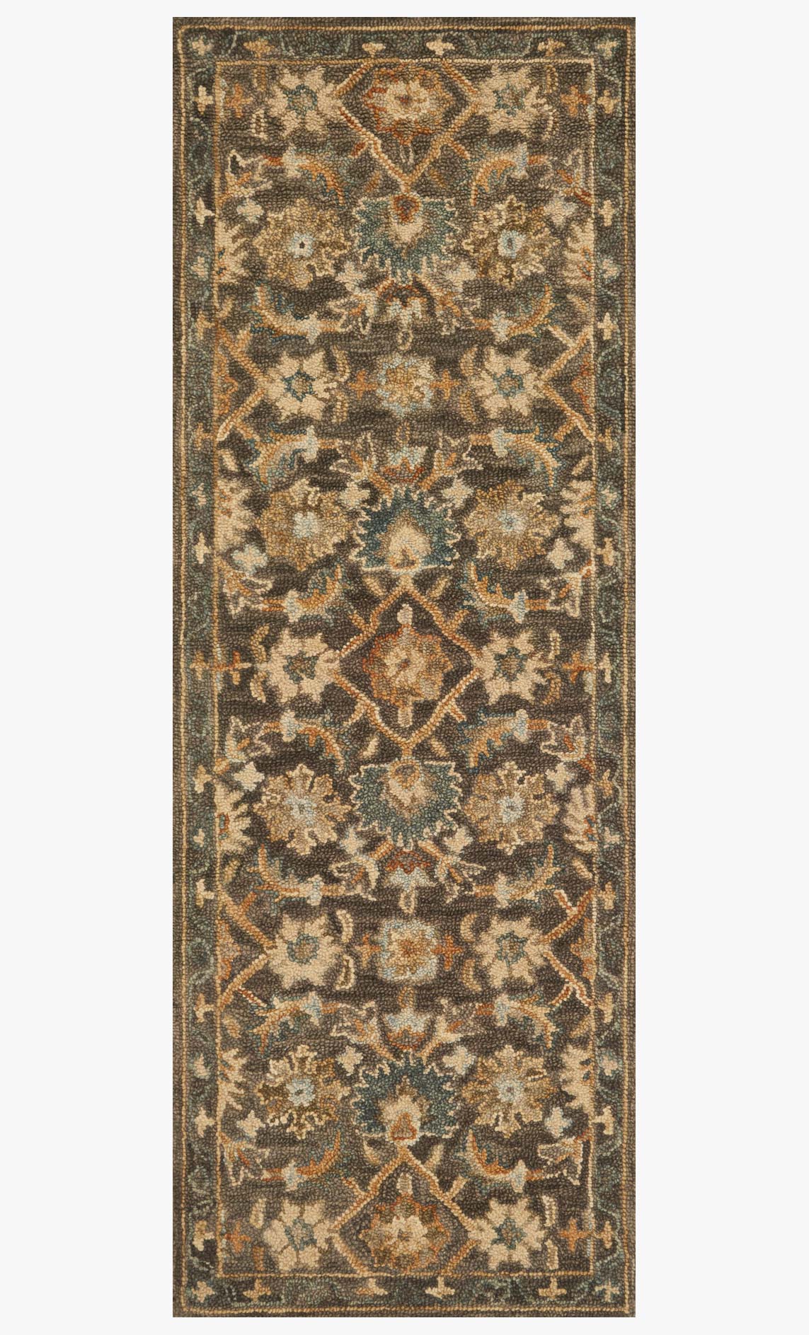 Traditional hooked rug with symmetrical ornamental pattern, dark taupe, tan and muted blue