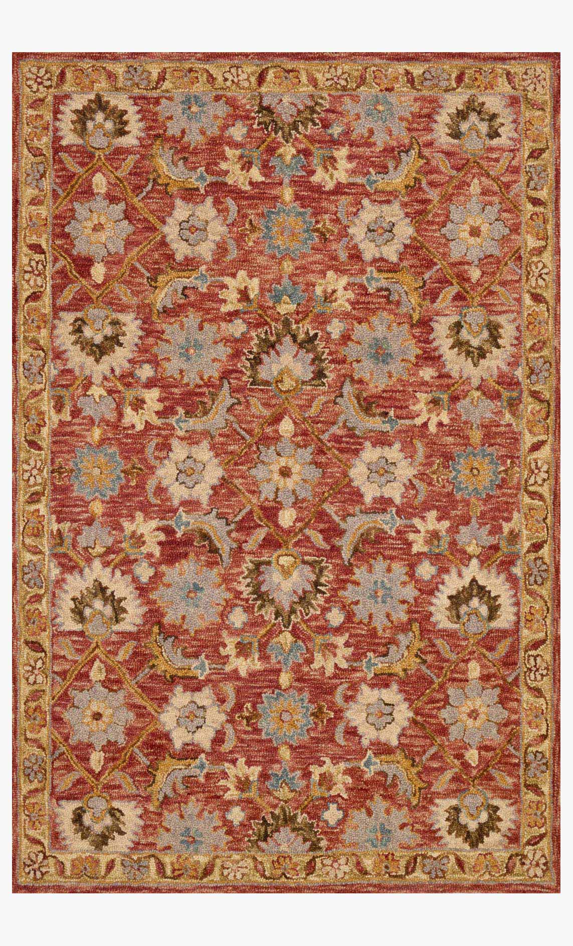 Terracotta and gold traditional hooked rug with ornate floral medallion pattern