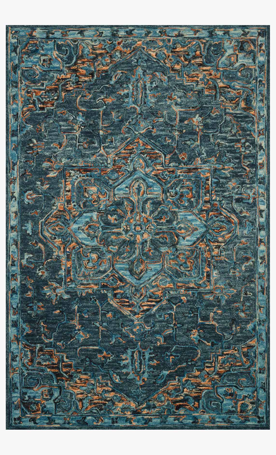 Traditional hooked rug, teal with ornate multicolor pattern and border, full view