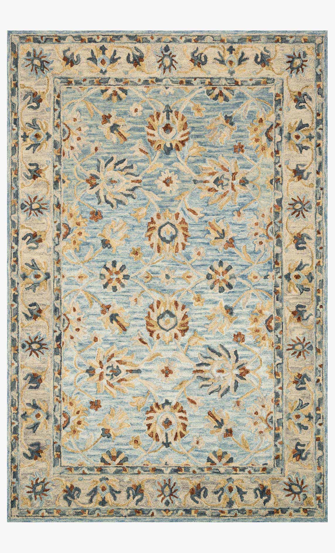 Traditional hooked rug in light blue with beige floral medallion and border