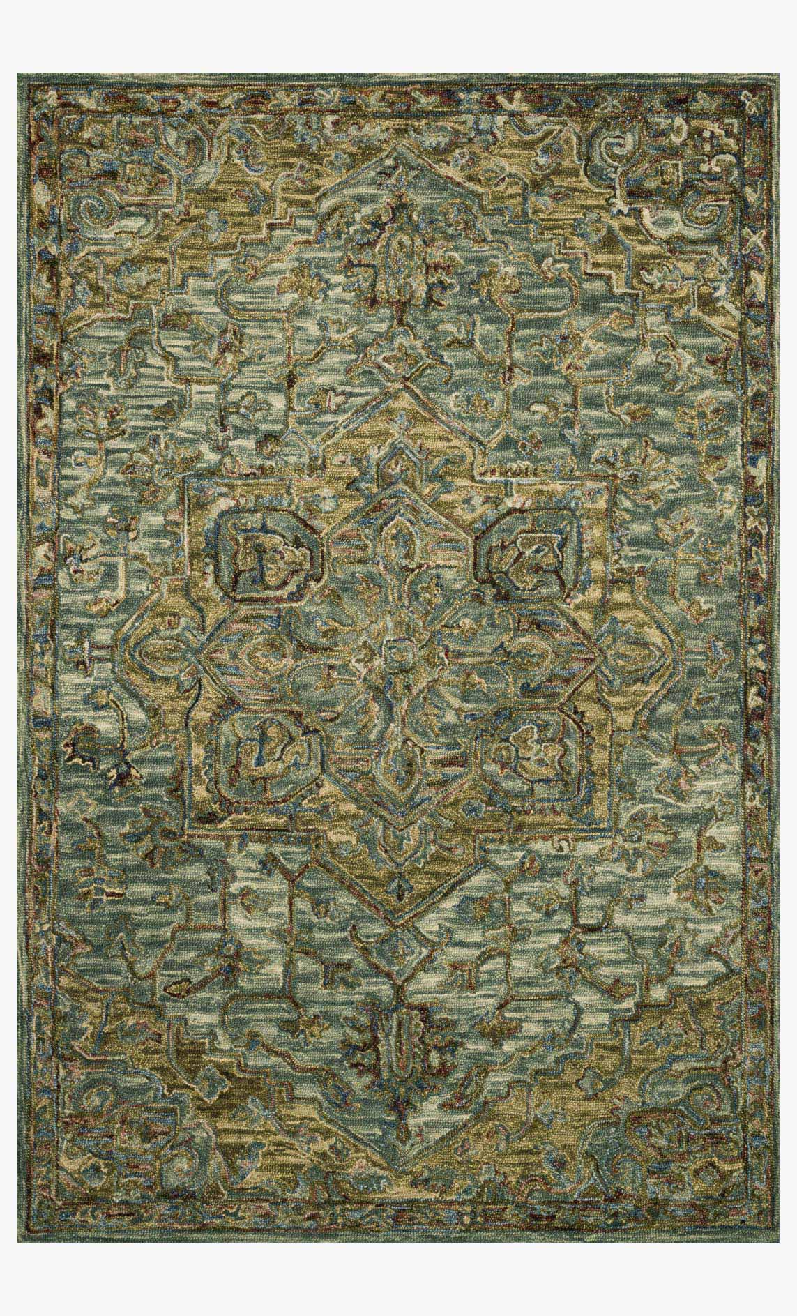 Traditional hooked rug with dark green field and tobacco-toned ornate pattern, rectangular