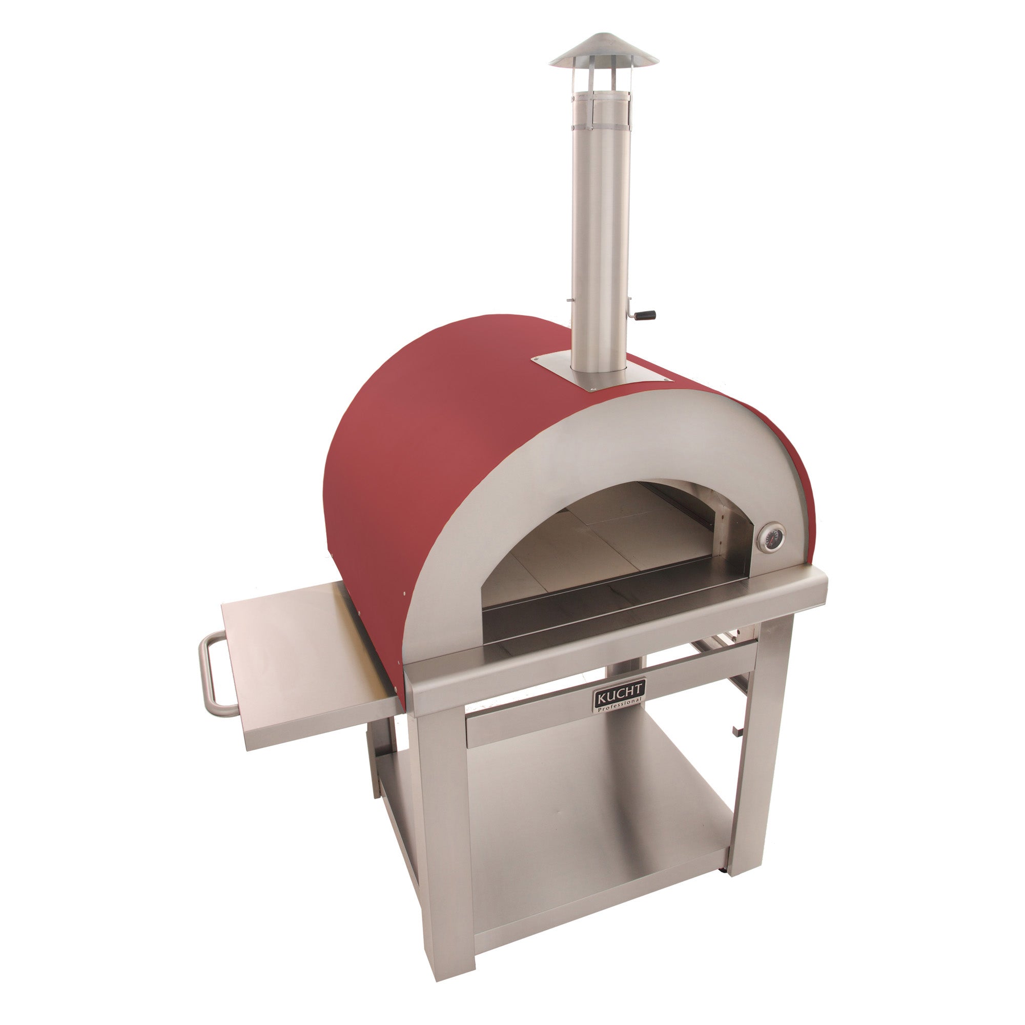 Outdoor wood-fired pizza oven with red dome, side access door, stainless base, and chimney.