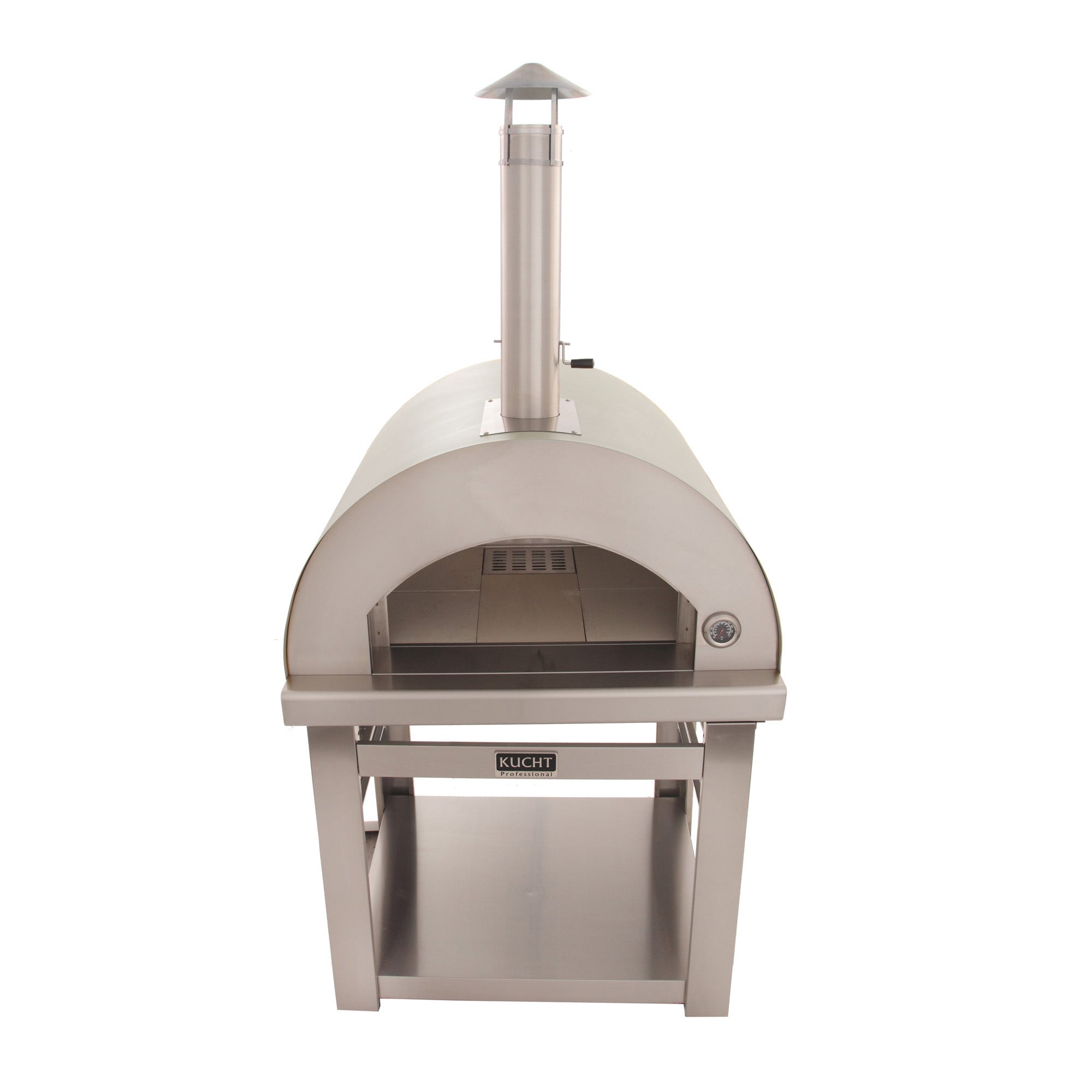 Outdoor wood fire pizza oven with stainless steel dome, chimney, and front loading shelf.