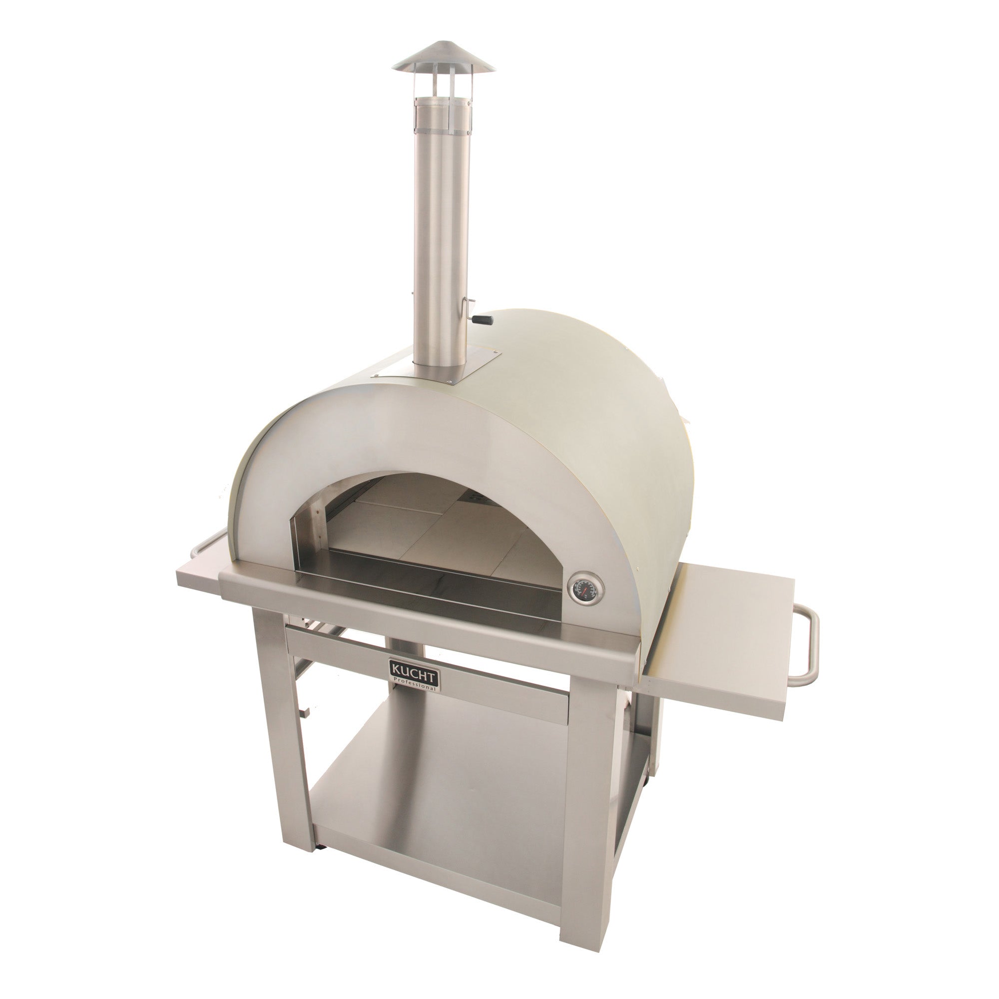 Outdoor wood fire pizza oven with chimney, side handle, and open baking chamber on stand.
