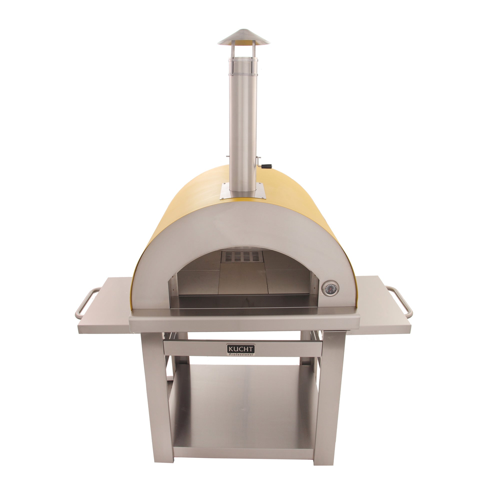 Yellow wood-fired pizza oven with stainless steel stand and arched cooking chamber