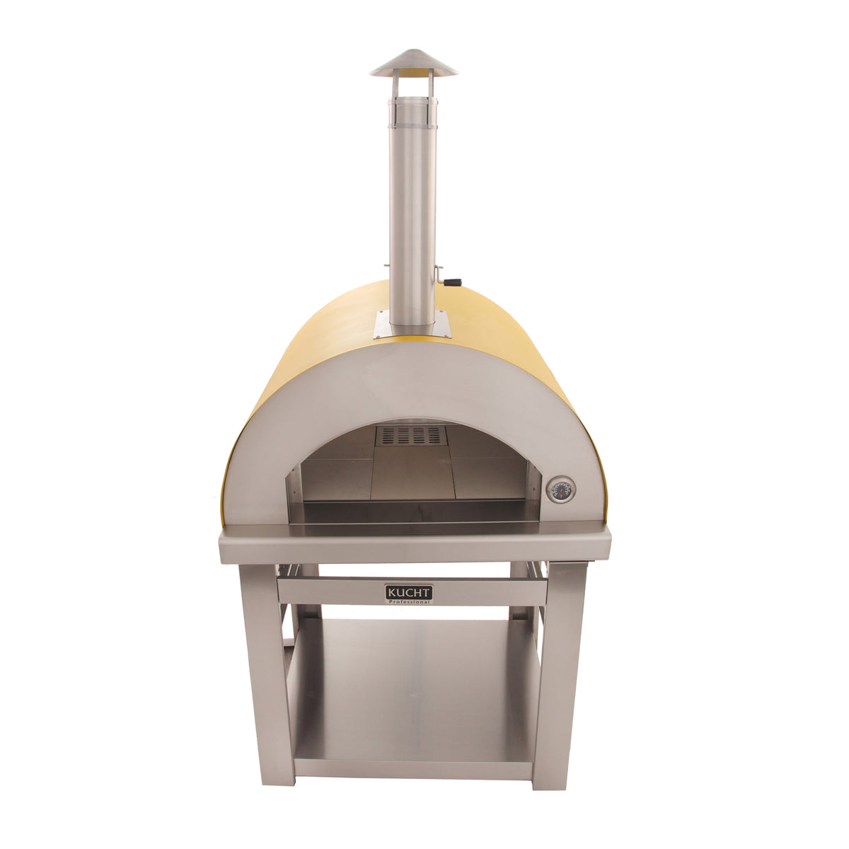 Front-facing pizza oven with yellow dome, stainless frame, and chimney stack