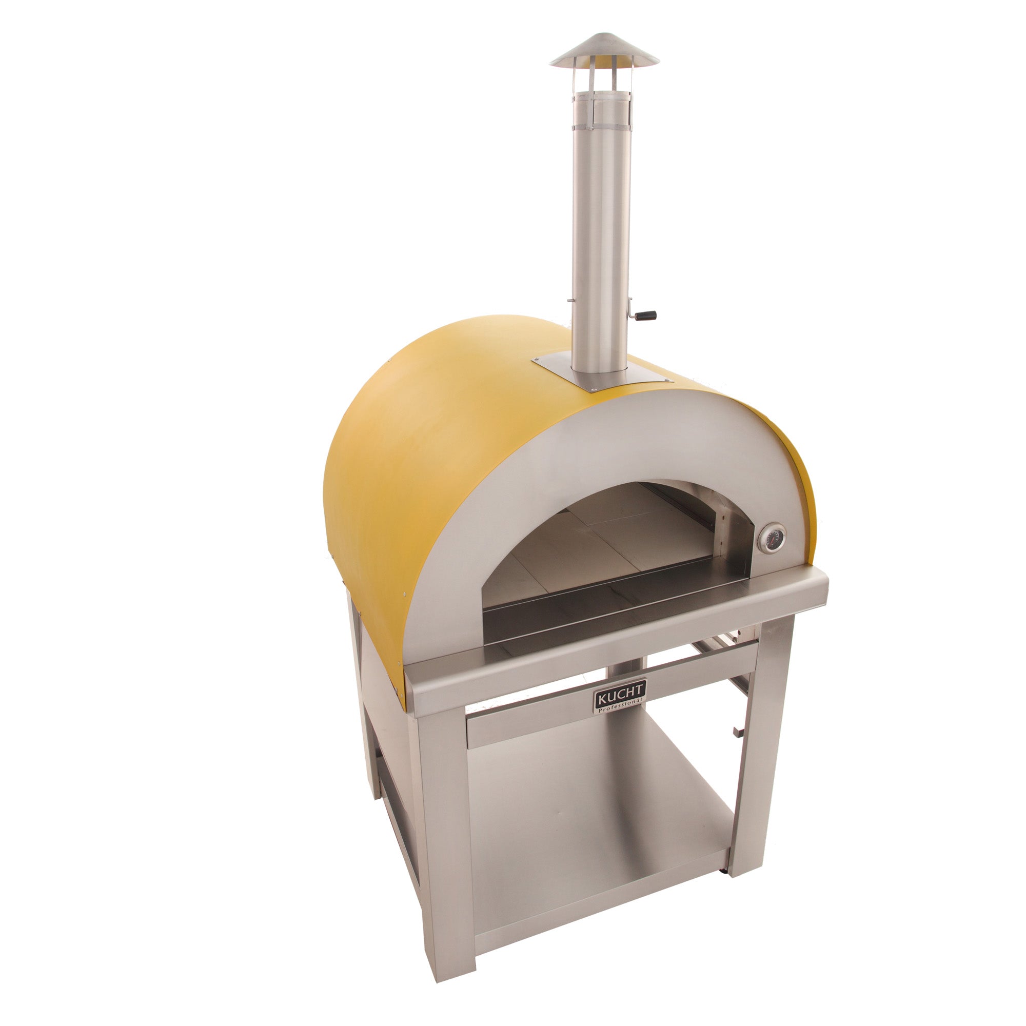 Side-angle pizza oven with yellow dome, arched firebox, and stainless chimney