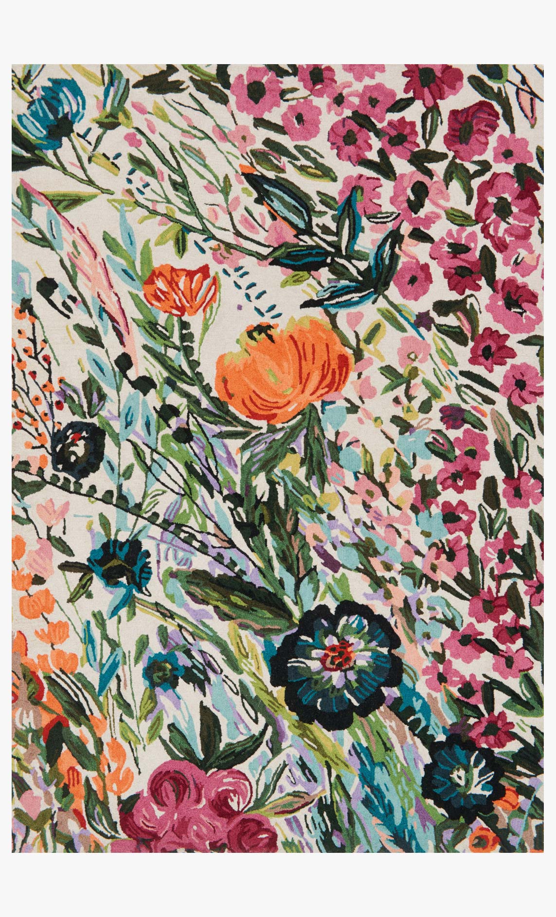 Contemporary ivory hooked rug with colorful floral pattern and botanical leaves