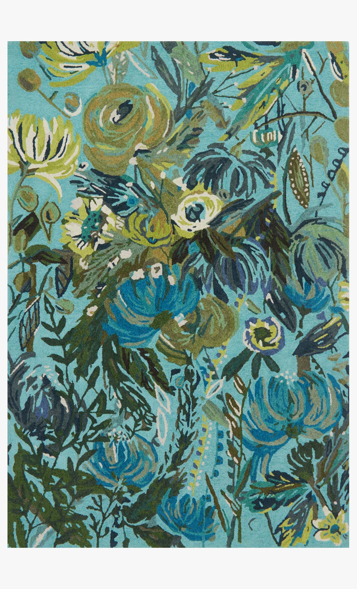 Contemporary hooked rug with aqua, blue, and green leaf and floral abstract pattern
