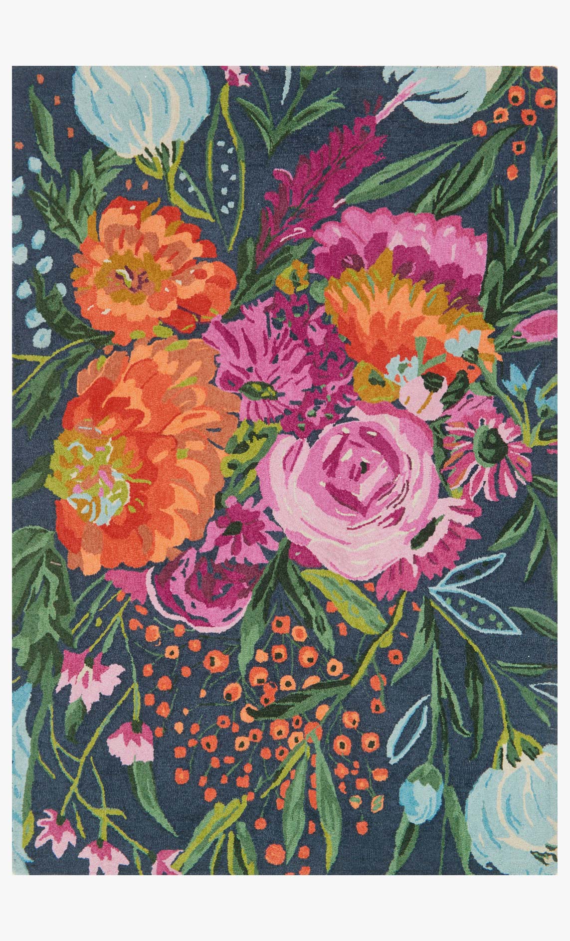Contemporary hooked rug, vibrant floral bouquet in dark midnight, plum, and orange.