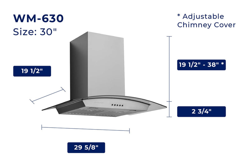 Hauslane 30-Inch Wall Mount Range Hood with Tempered Glass in Stainless Steel (WM-630SS-30)