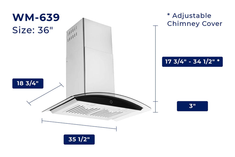 Hauslane 36-Inch Wall Mount Touch Control Range Hood with Tempered Glass in Stainless Steel (WM-639SS-36)