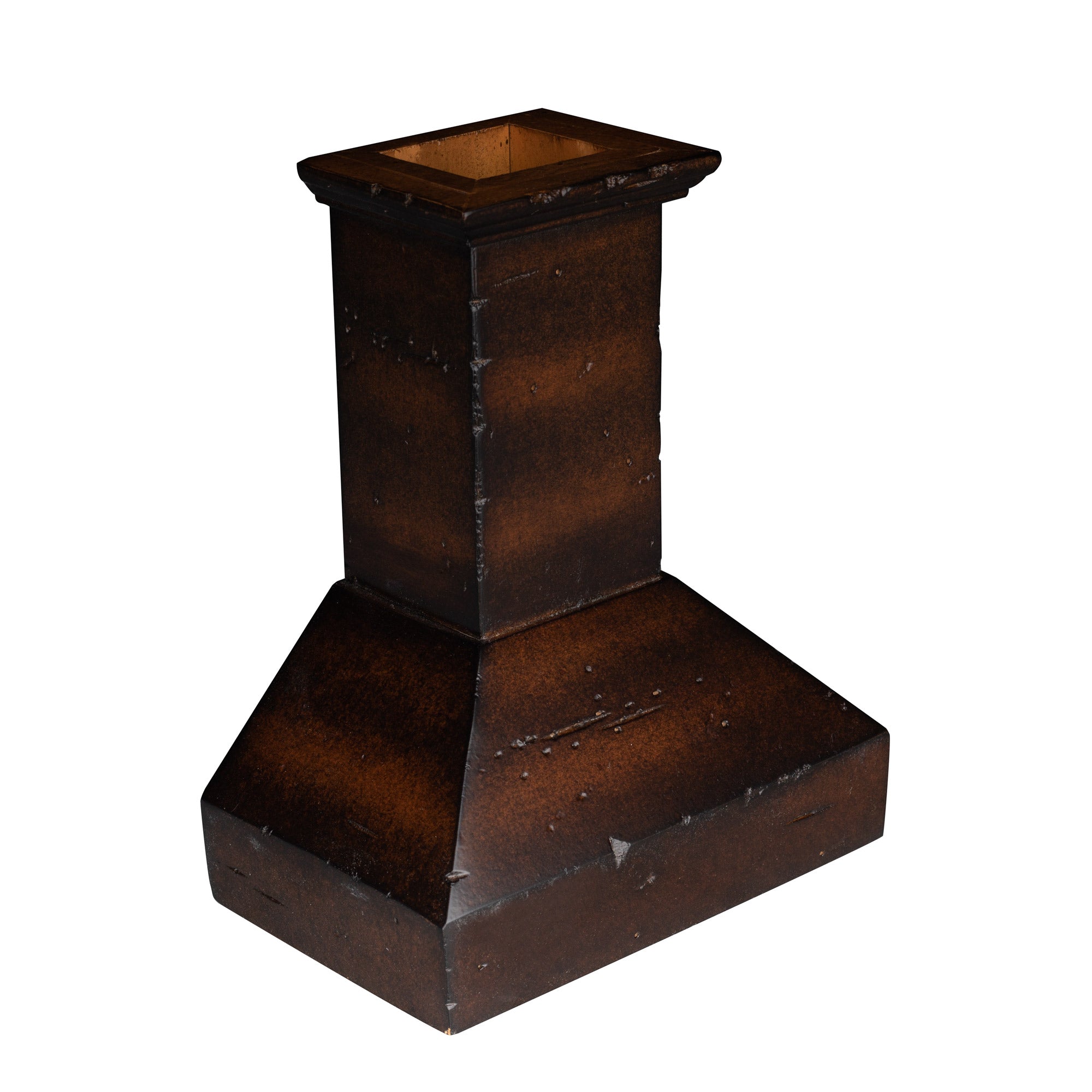 Mini walnut wood range hood chimney top view, dark brown rectangular vent body