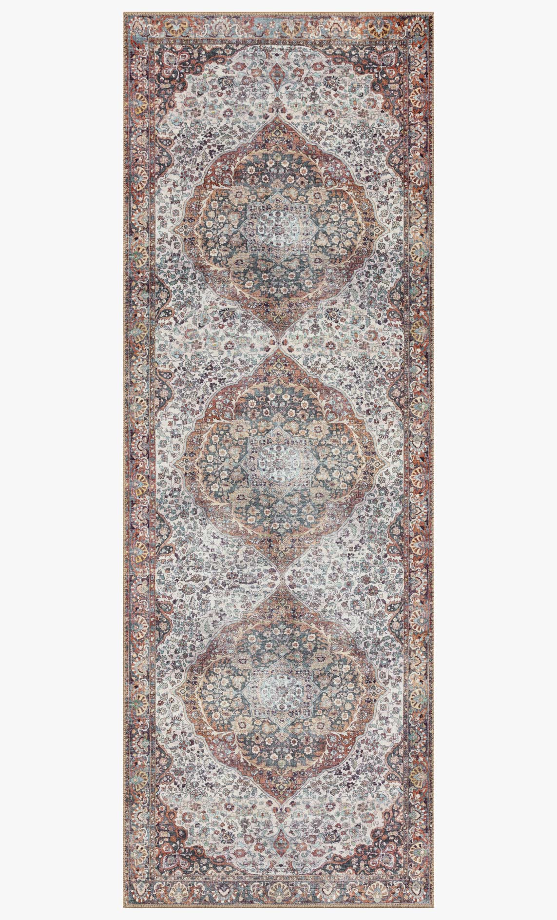 Traditional power-loomed rug with repeating medallions in red, blue, and beige pattern.