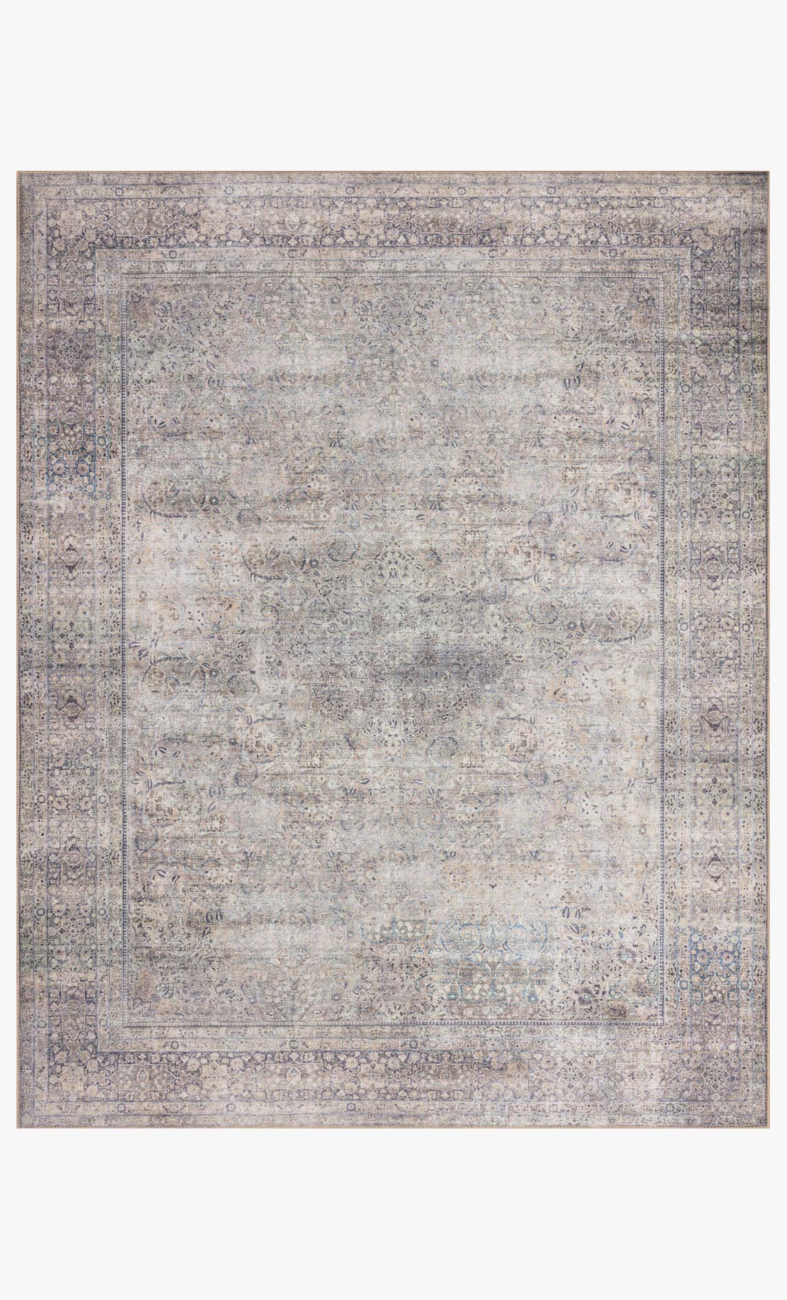 Silver and charcoal traditional area rug with ornate medallion pattern and border.