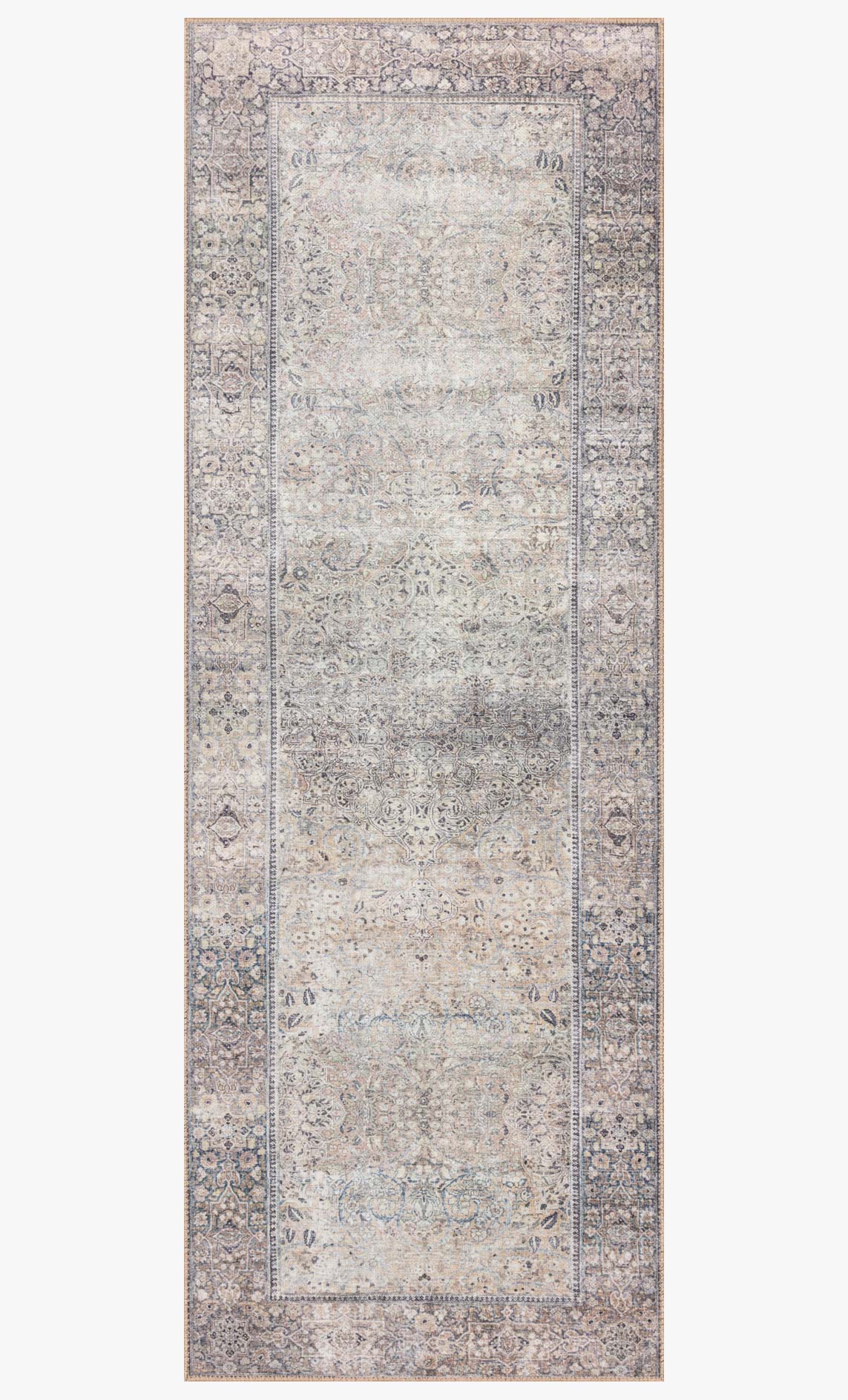 Rectangular silver and charcoal area rug with distressed repeating medallions and borders.