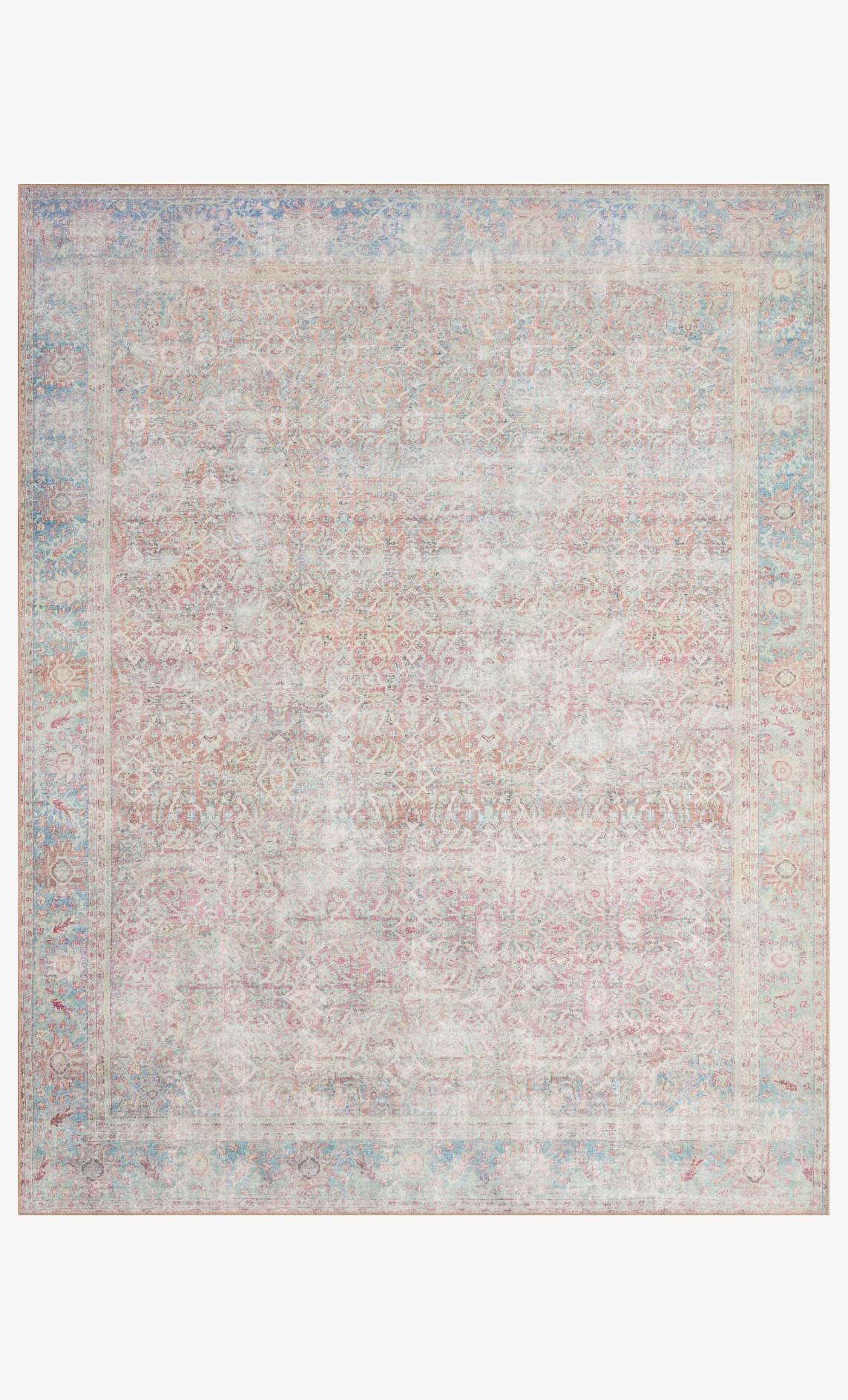 Light ivory traditional power-loomed rug with teal and muted red medallion pattern