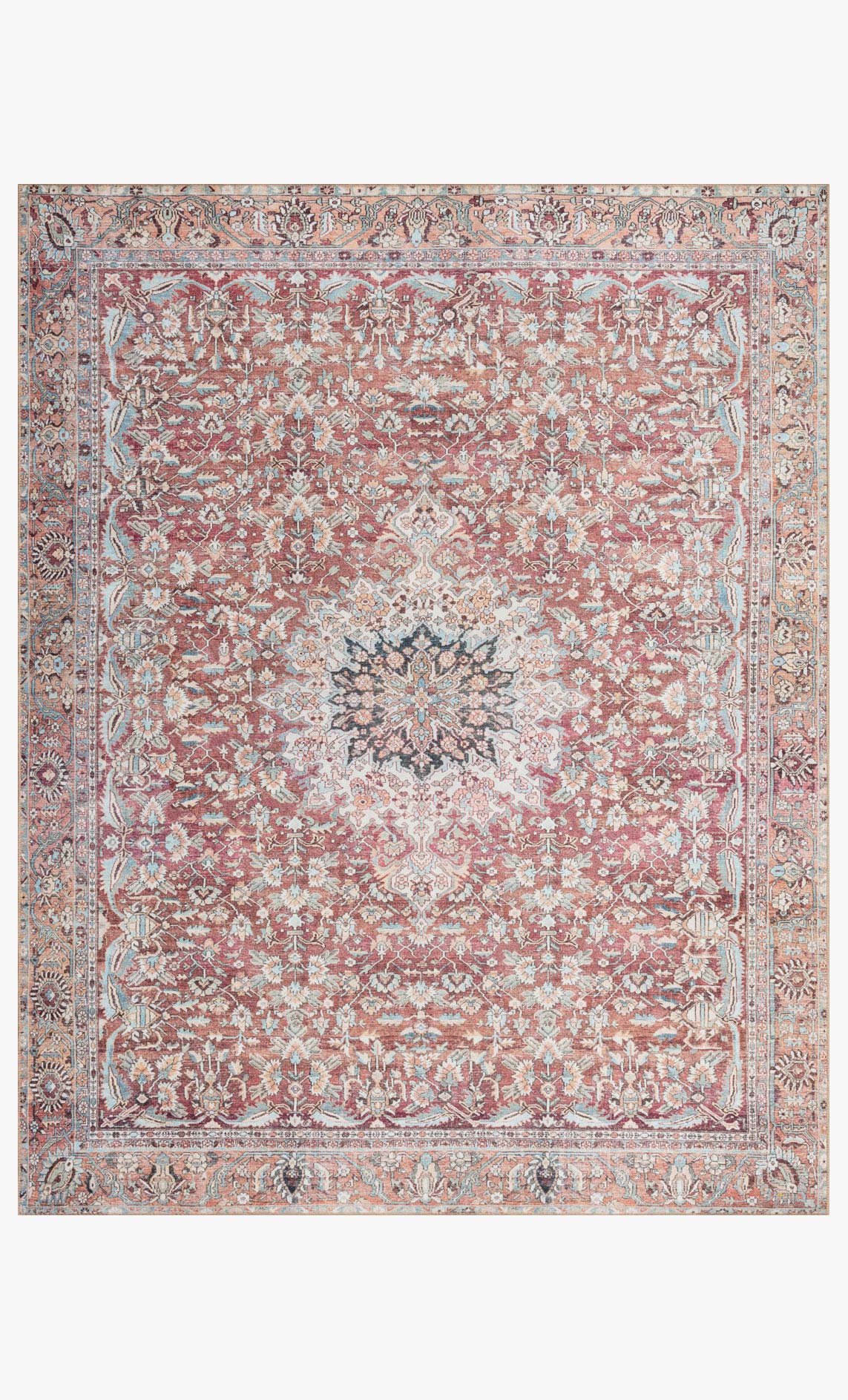 Traditional area rug with ornate pink, teal, and cream pattern and border