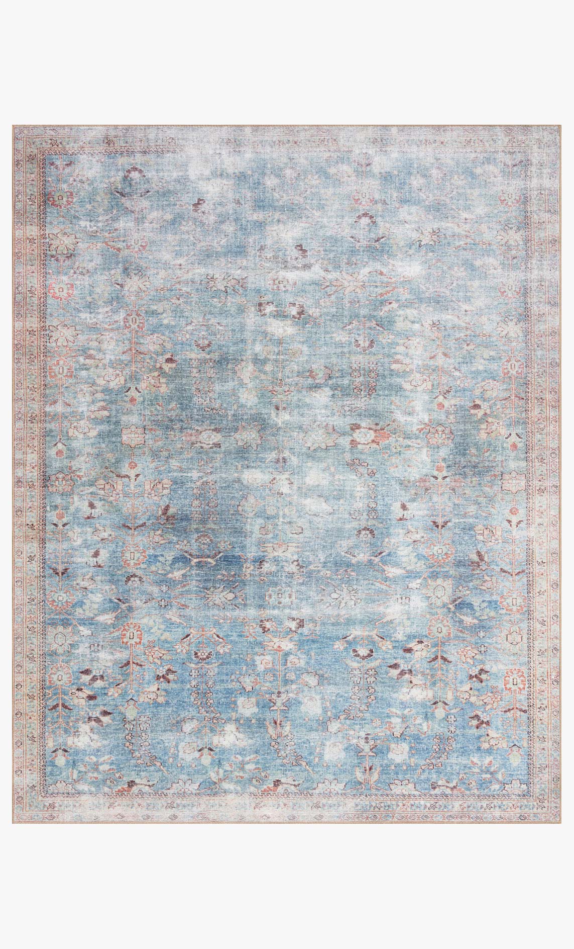 Traditional teal and light blue area rug with ornate border and distressed medallion pattern