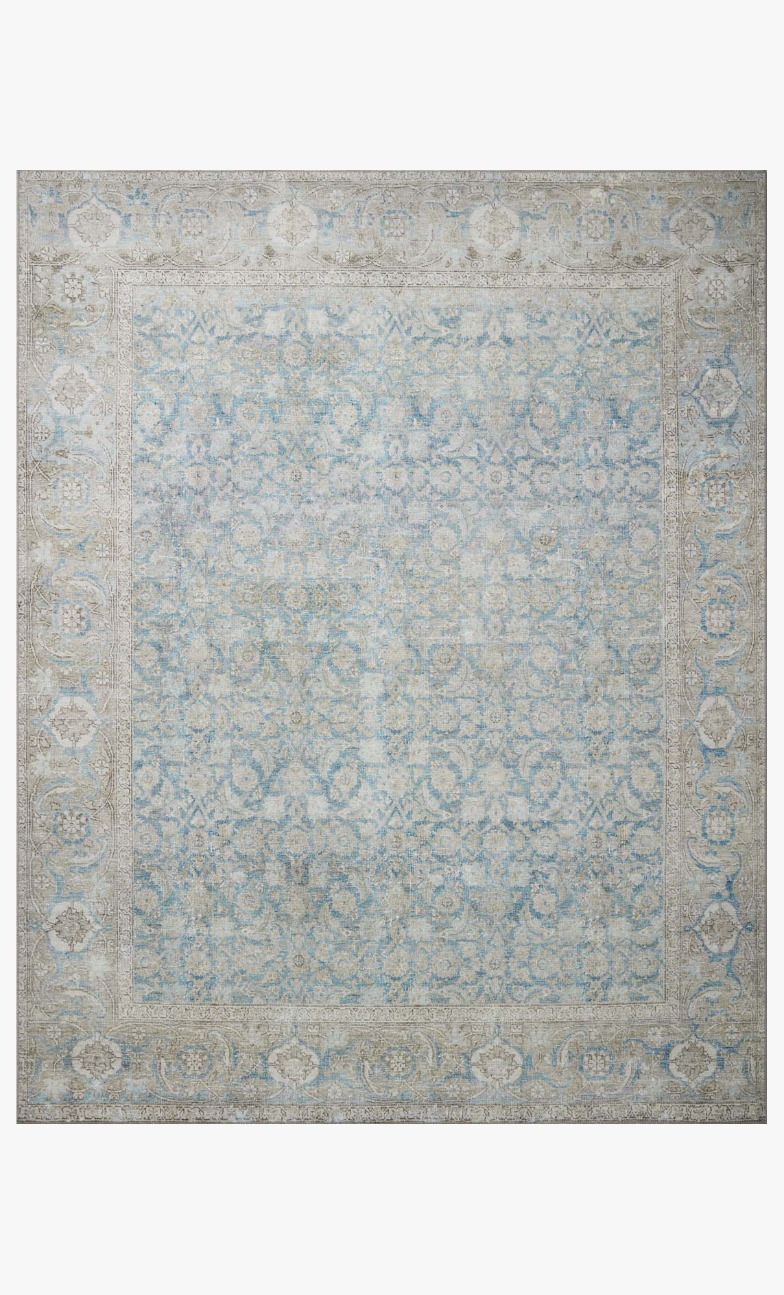 Traditional power-loomed rug with light blue and silver ornate medallion border