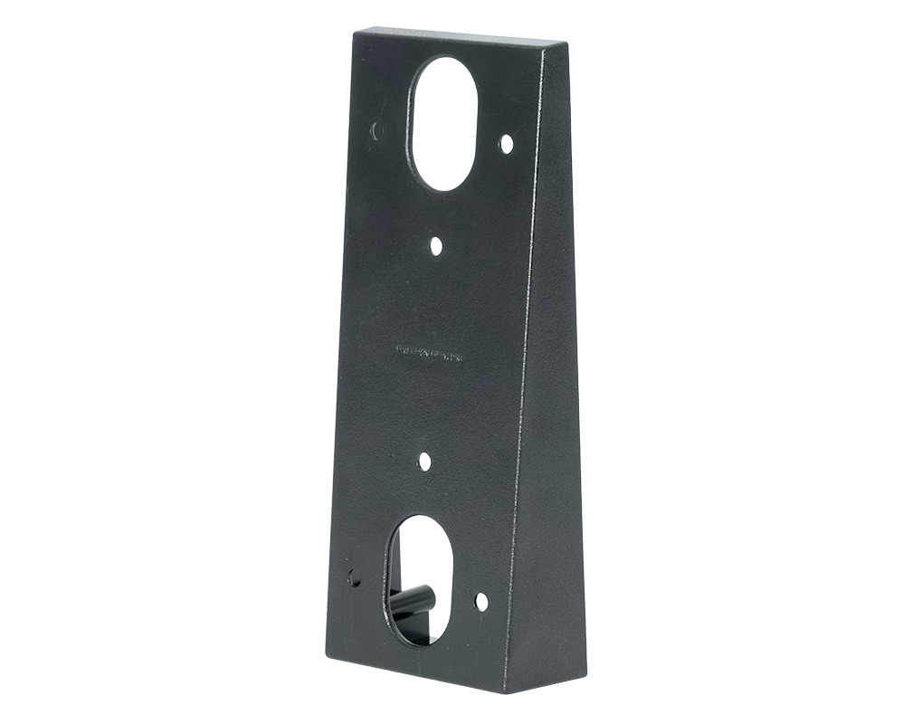 Corner wall-mount adapter bracket in dark metal, two cutouts and mounting screw holes