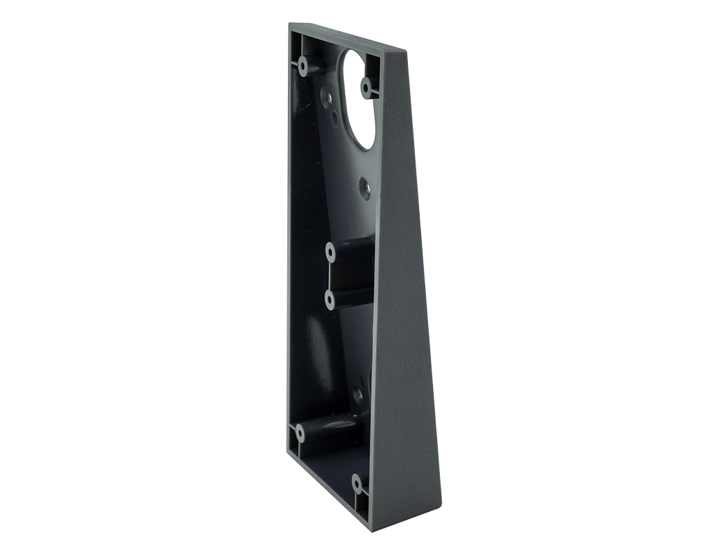 Corner wall-mount adapter bracket, dark metal with open interior mounting slots