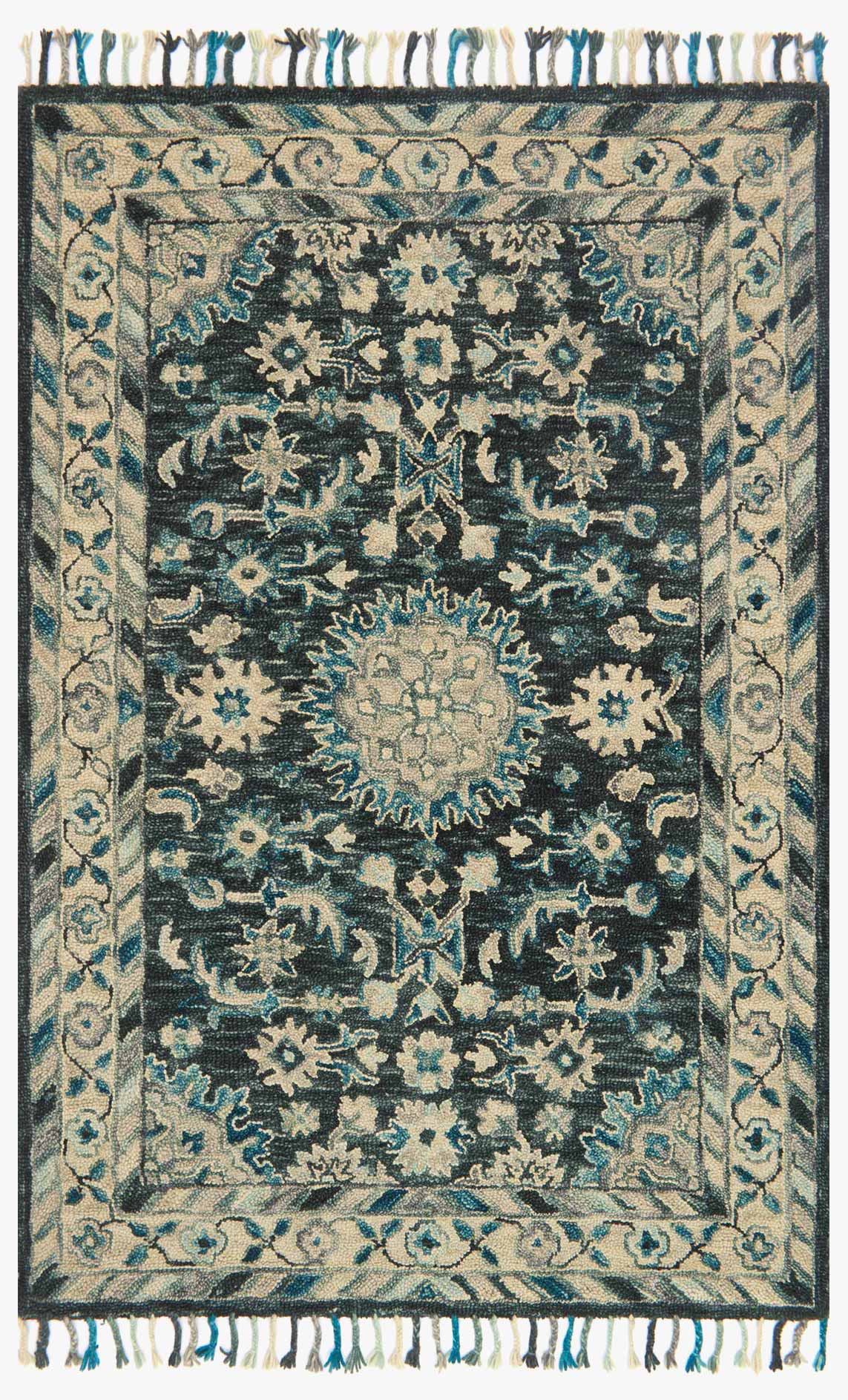 Teal and grey transitional hooked rug with medallion pattern, border and fringe tassels
