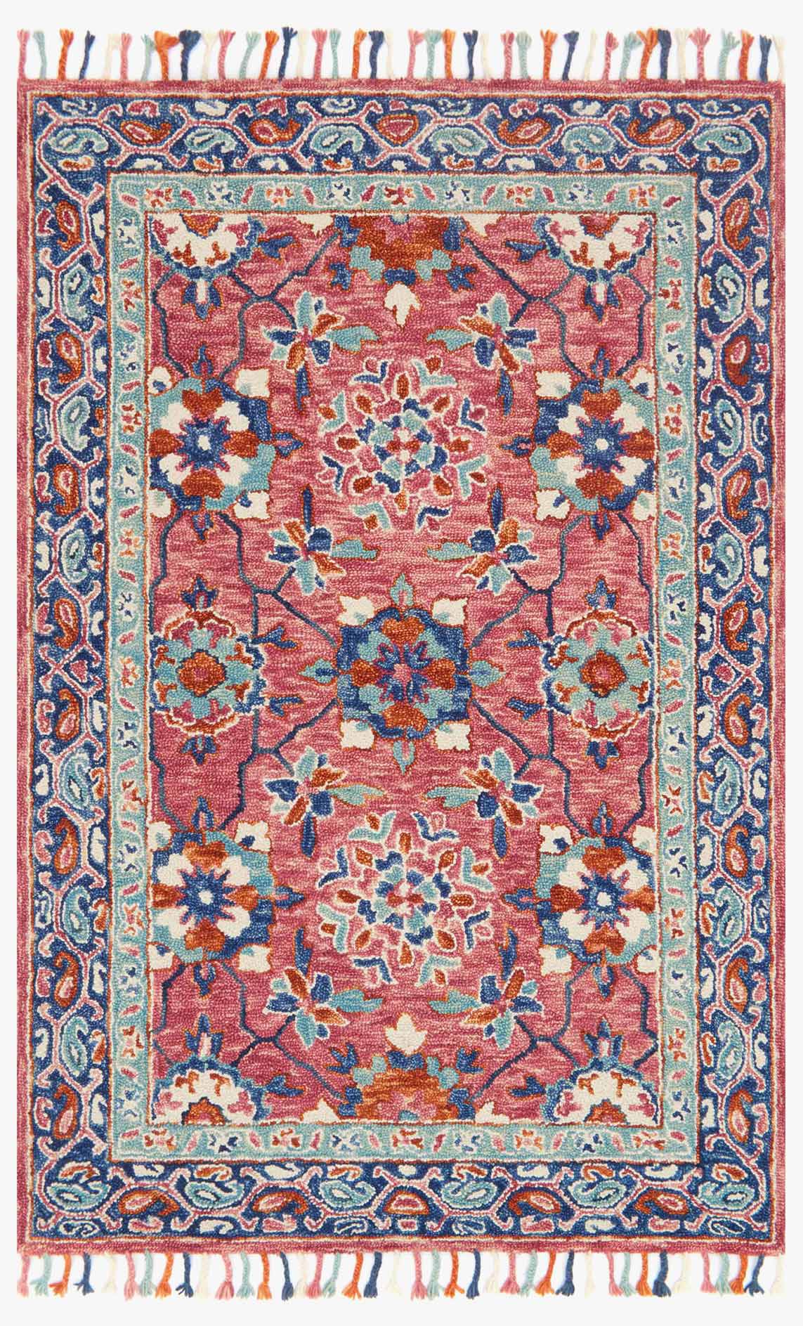 Transitional hooked rug with rose and denim floral medallion design, framed border, fringe