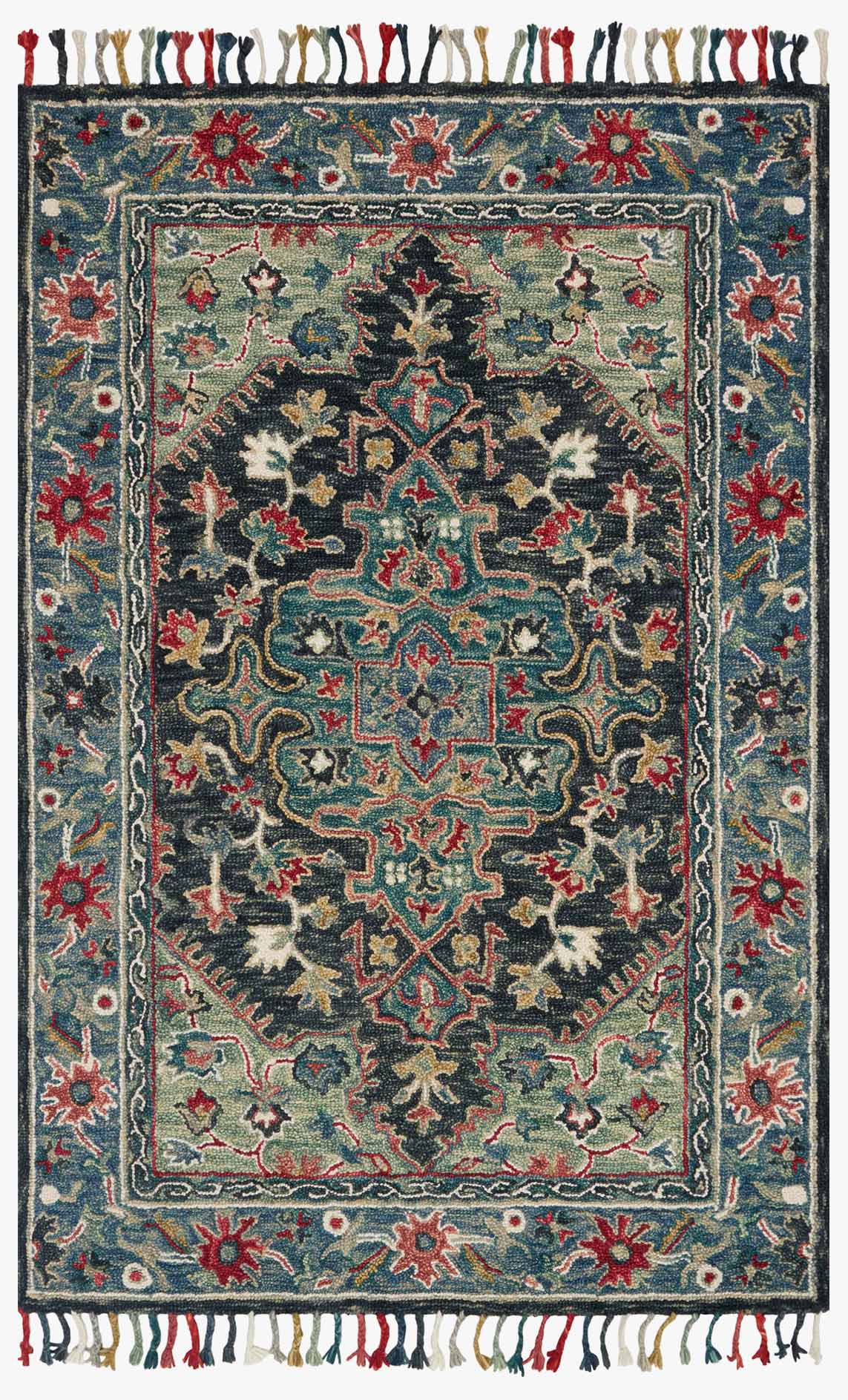 Transitional hooked rug with navy blue field, ornate medallion pattern, red accents and fringe