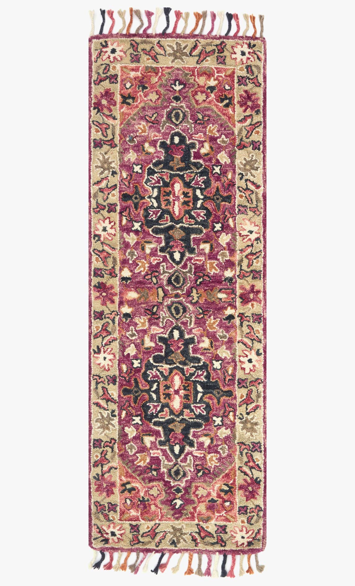 Transitional hooked rug long view, raspberry and taupe floral motif with border and tassel fringe.